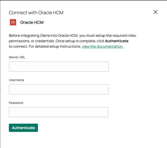 Enter the Username and password for the service user created for integration with Oleria