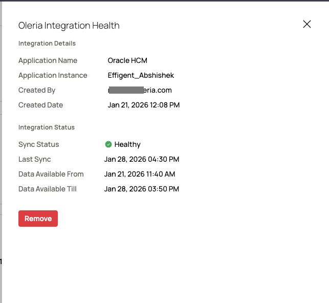 Oleria Connected Integrations page showing Oracle HCM integration health status
