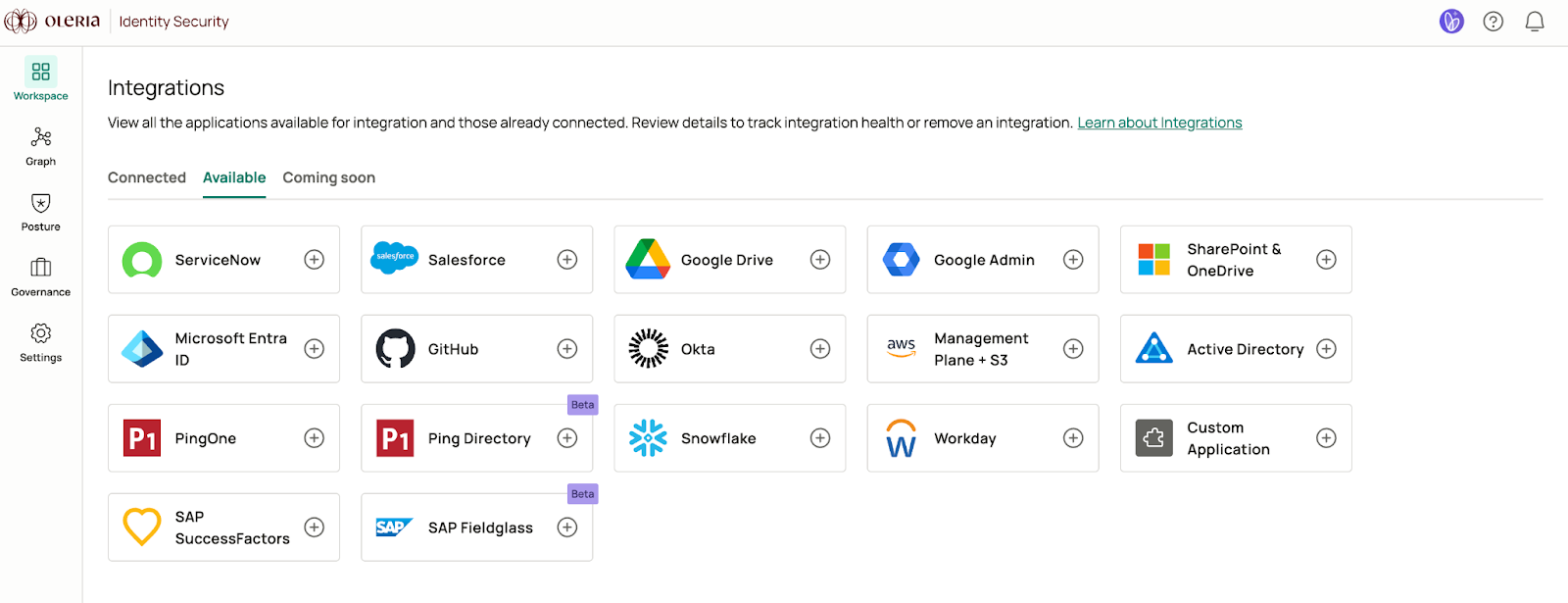 Oleria Integrations page showing connected Identity Providers, HRIS, and cloud infrastructure