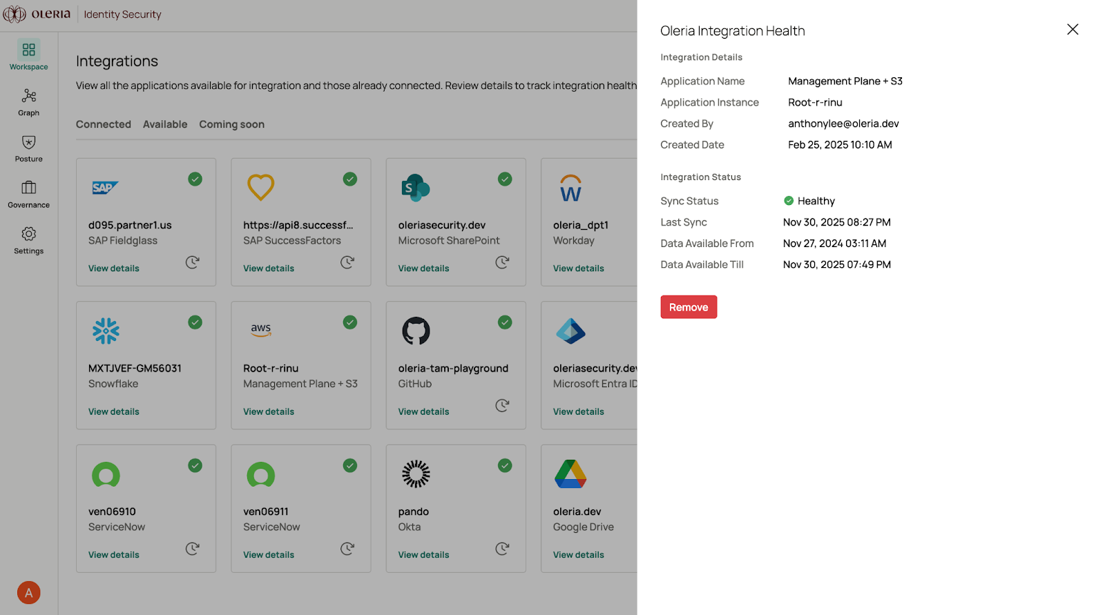 Oleria integration health panel showing Sync Status, Last Sync Timestamp, and data availability