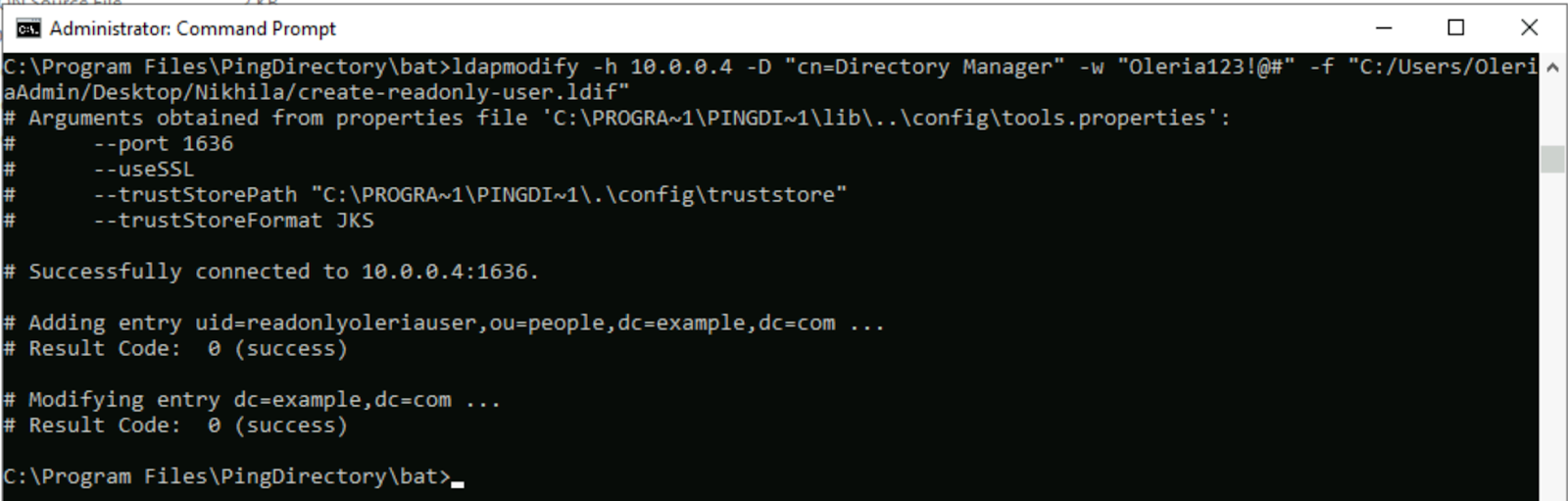 create_readonly_user.ldif: The path to the LDIF file you just created.