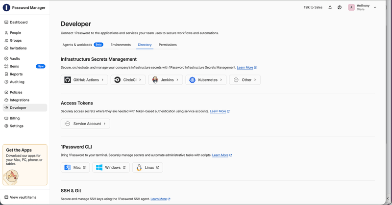 1Password Developer Directory tab with the Access Tokens section and the Service Account card