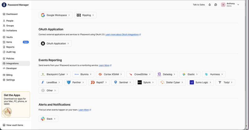 1Password Integrations page with the Events Reporting section and the Other option