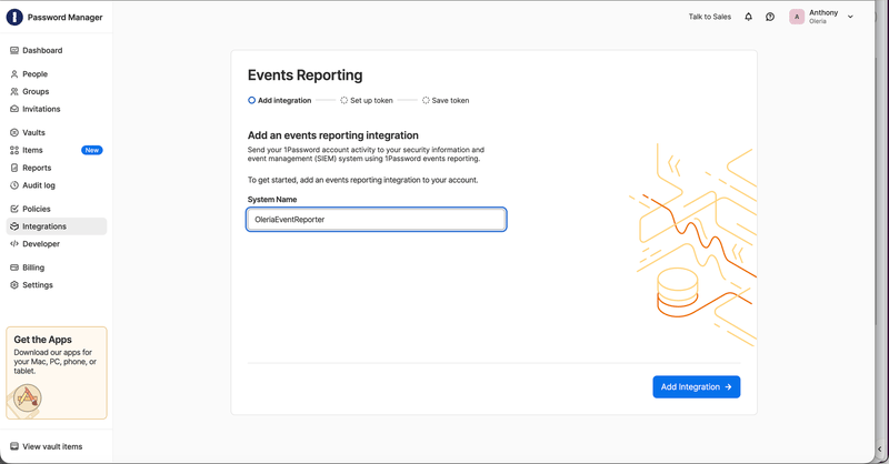 Events Reporting wizard with the System Name field filled in