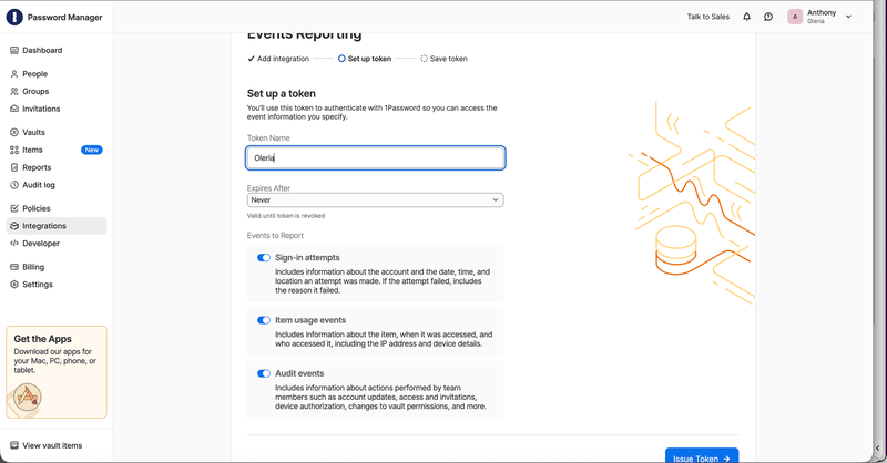 Events Reporting Set up token step with Sign-in attempts, Item usage events, and Audit events toggled on