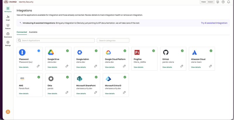 Oleria workspace Connected integrations tab showing the 1Password integration