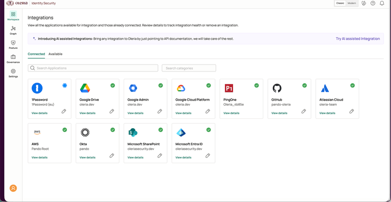Oleria workspace Connected integrations tab showing the 1Password integration