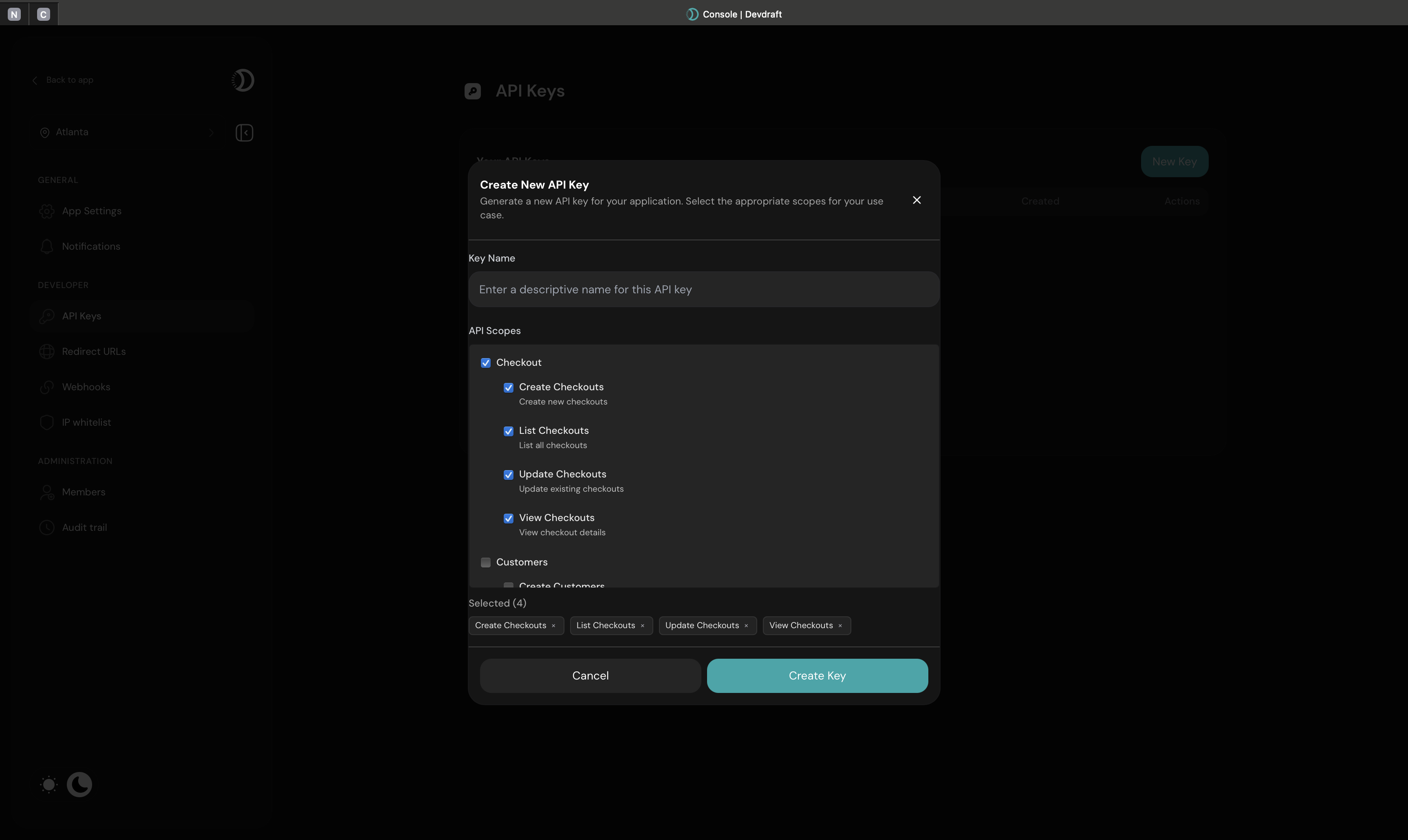 Create API Key interface with name and description fields - dark mode