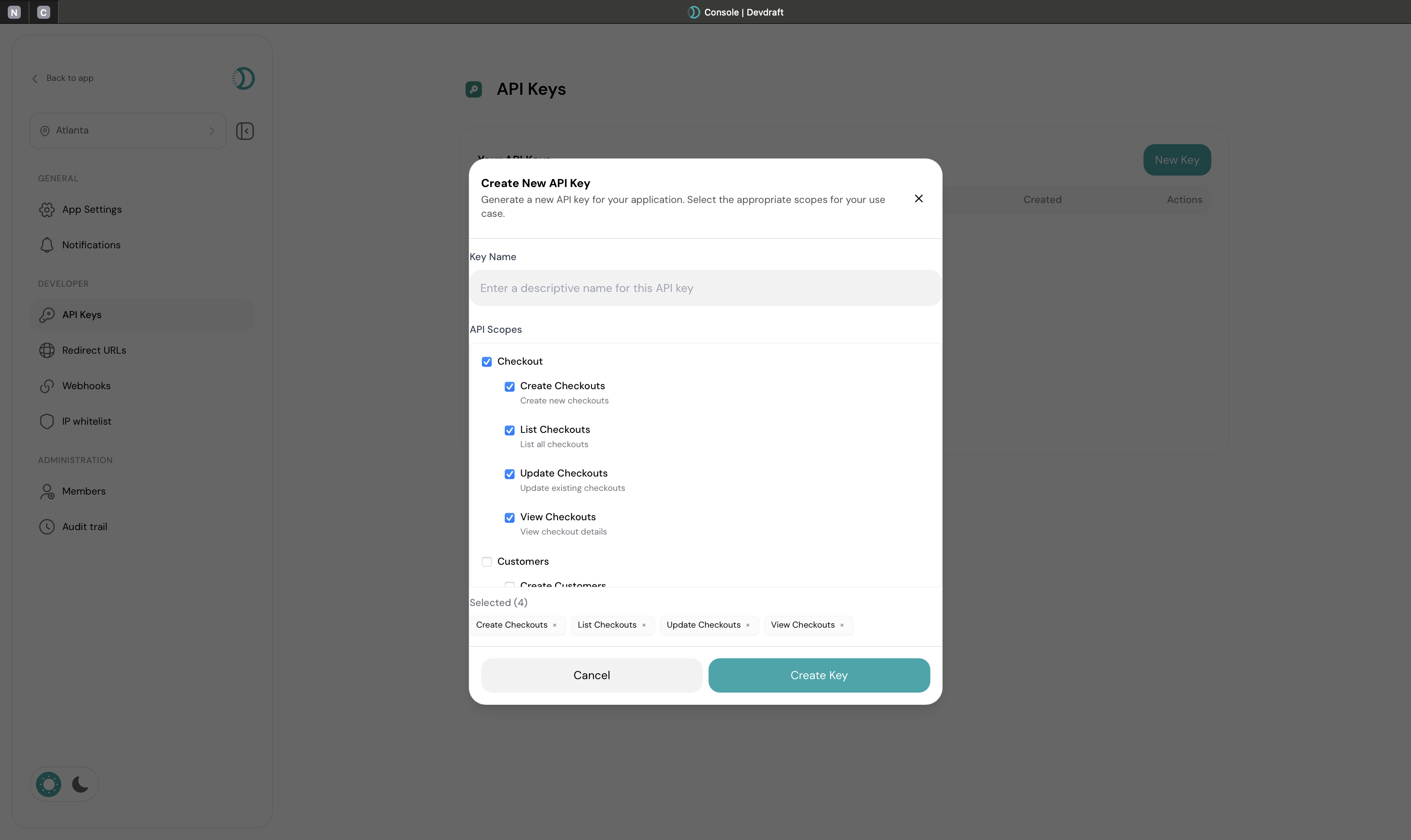 Create API Key interface with name and description fields - light mode