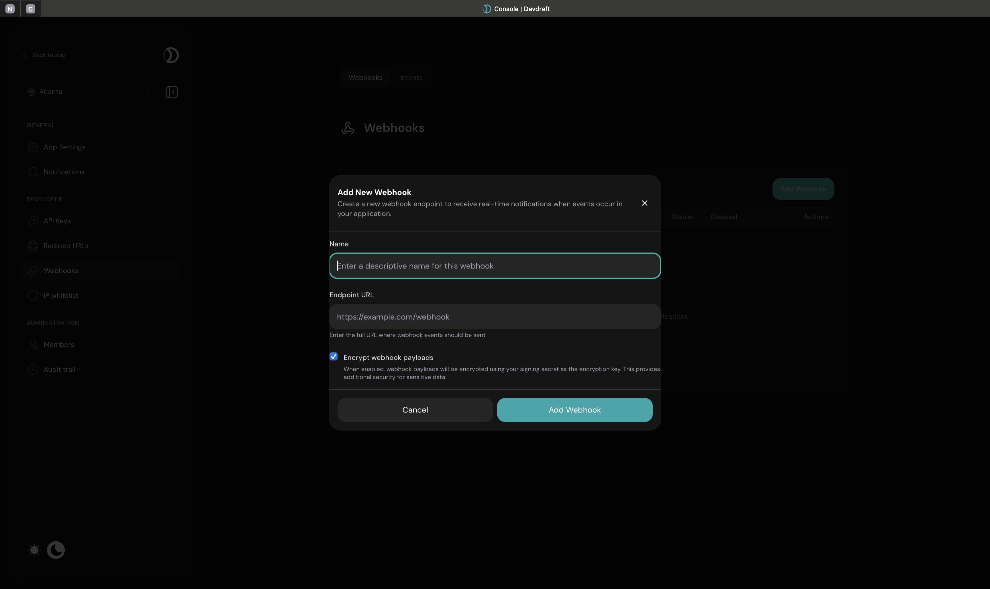 Create webhook interface with URL and event selection - dark mode