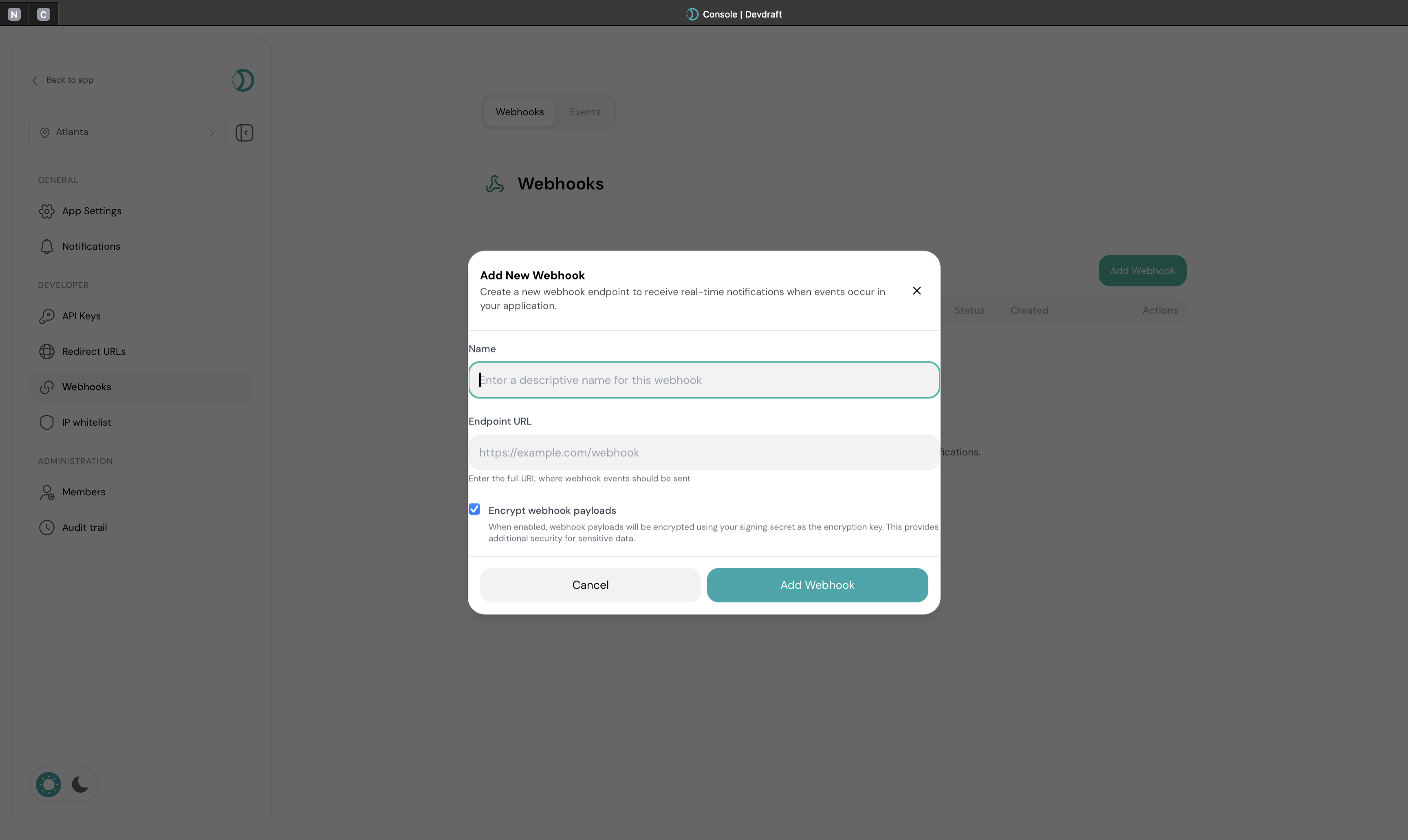 Create webhook interface with URL and event selection - light mode