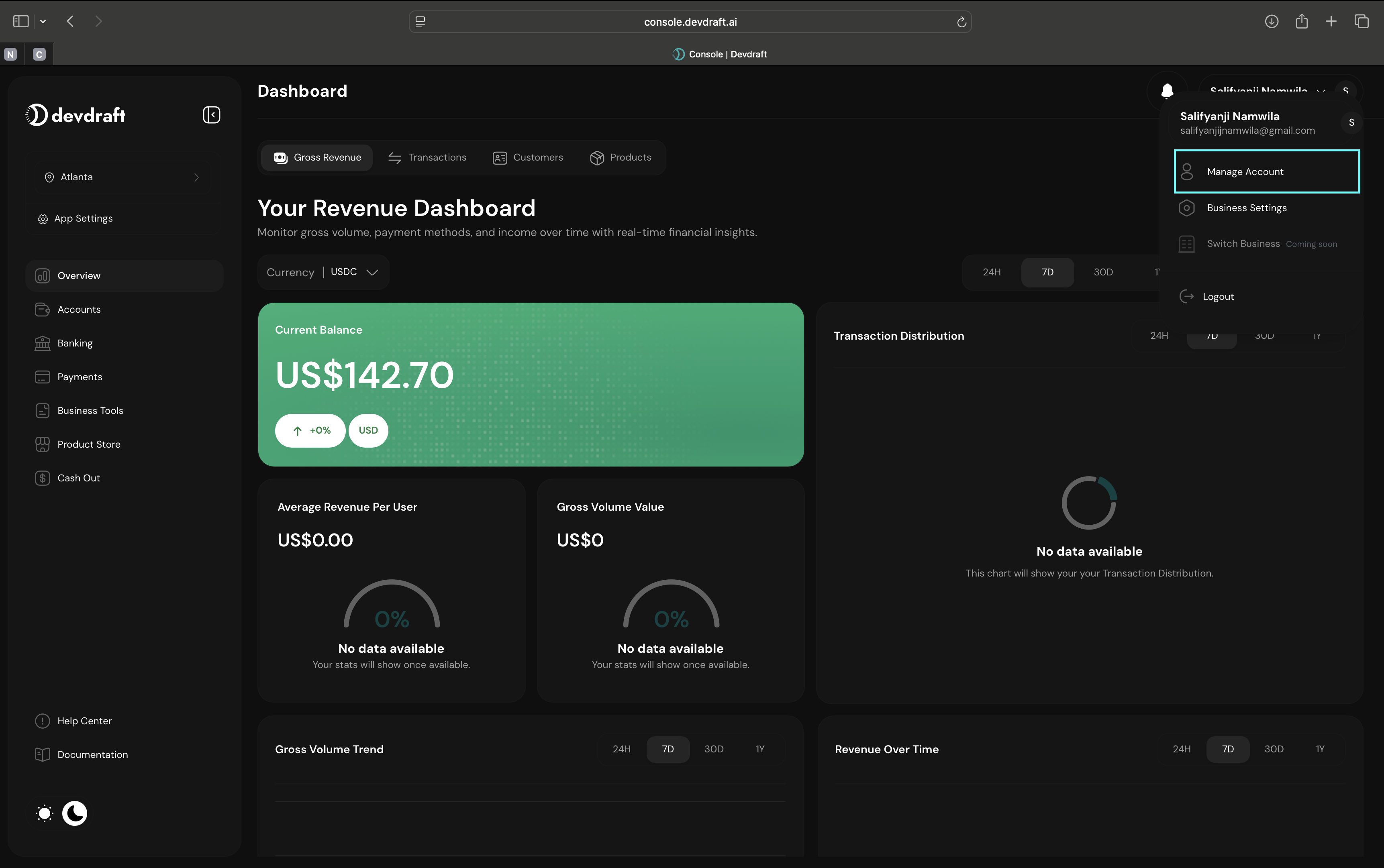 Account management interface showing business account details - dark mode