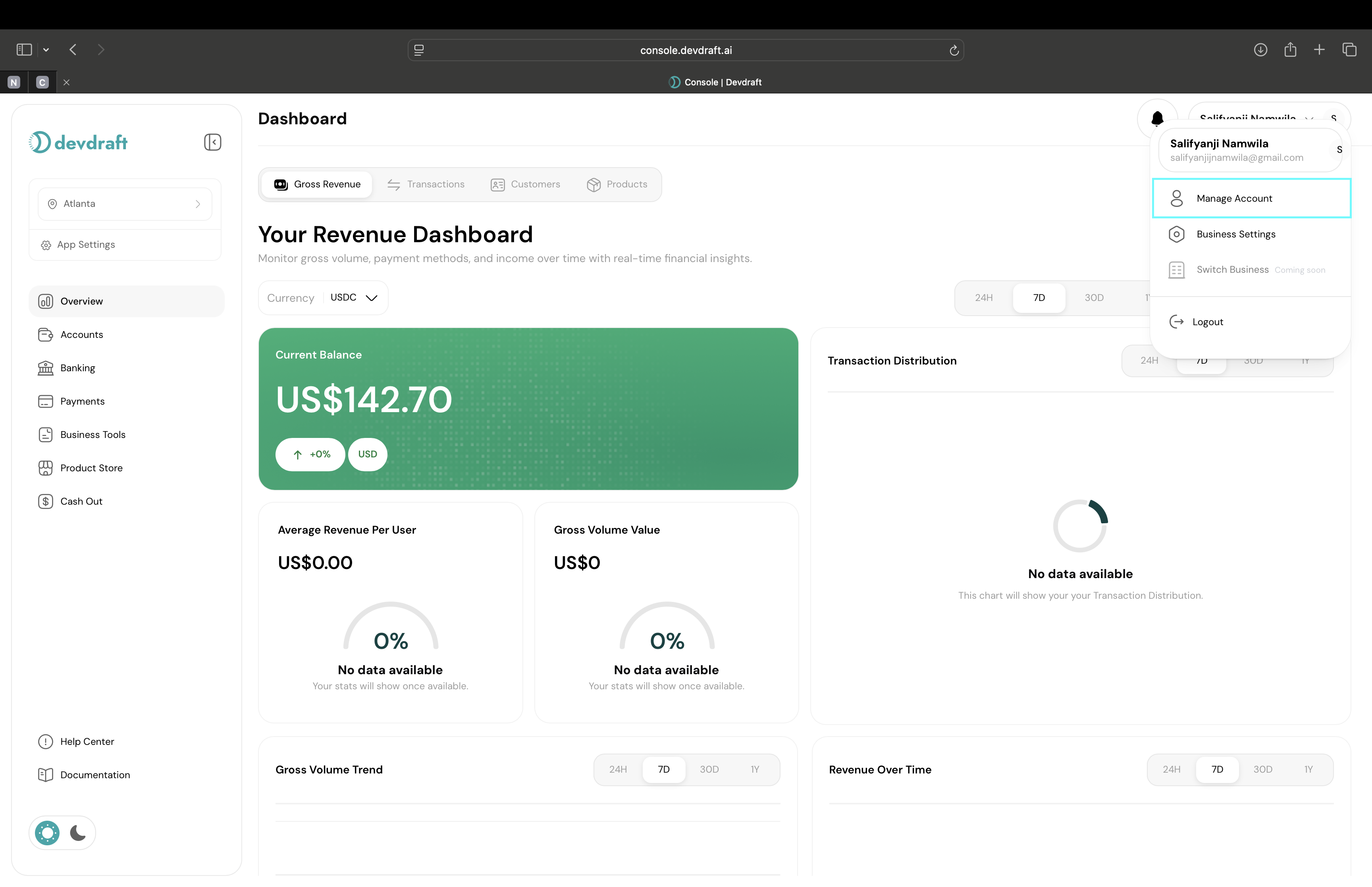 Account management interface showing business account details - light mode
