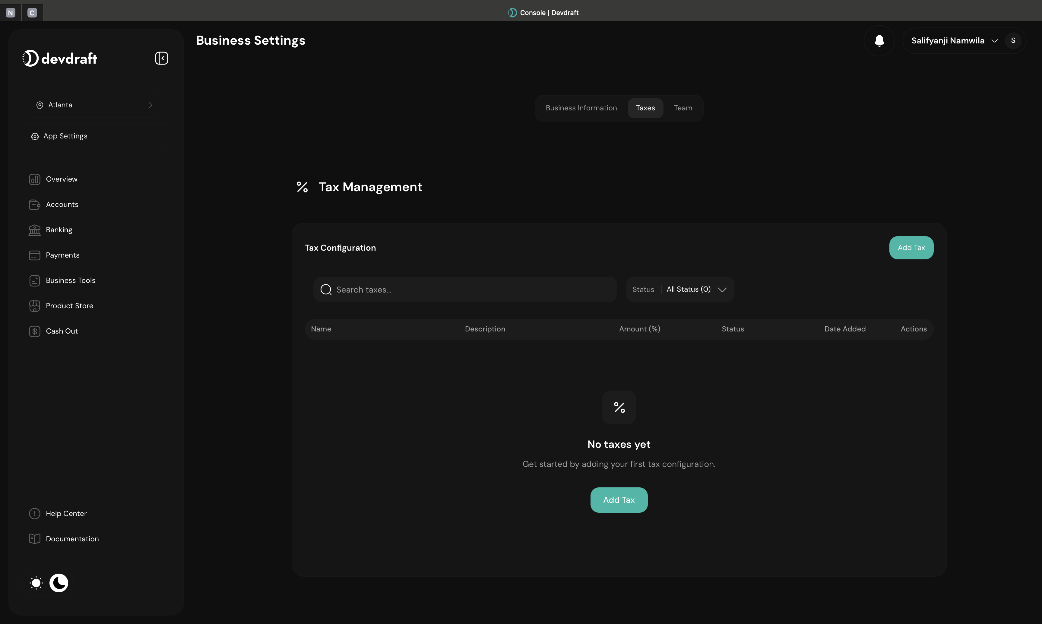 Tax overview dashboard showing configured tax rates and rules - dark mode