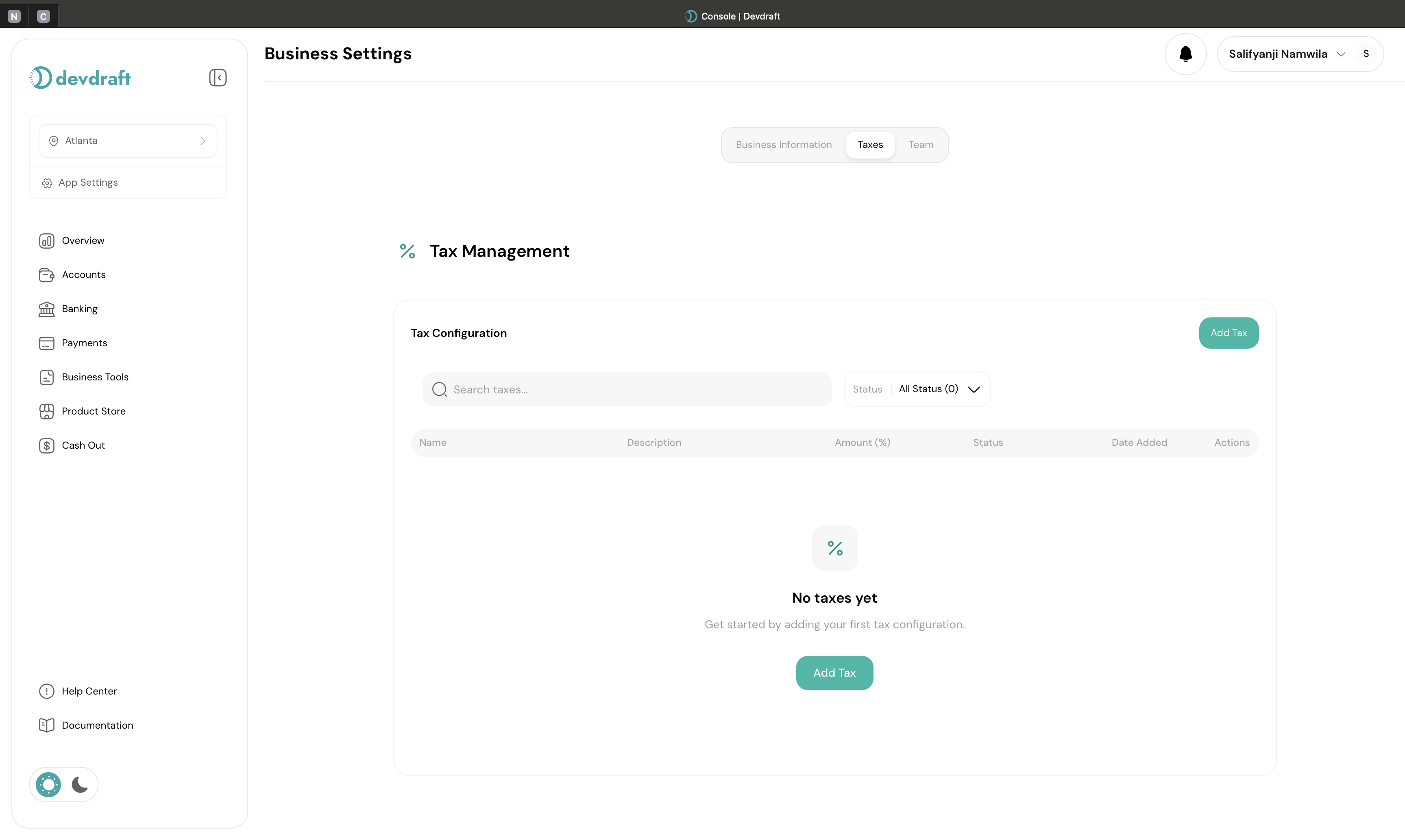 Tax overview dashboard showing configured tax rates and rules - light mode
