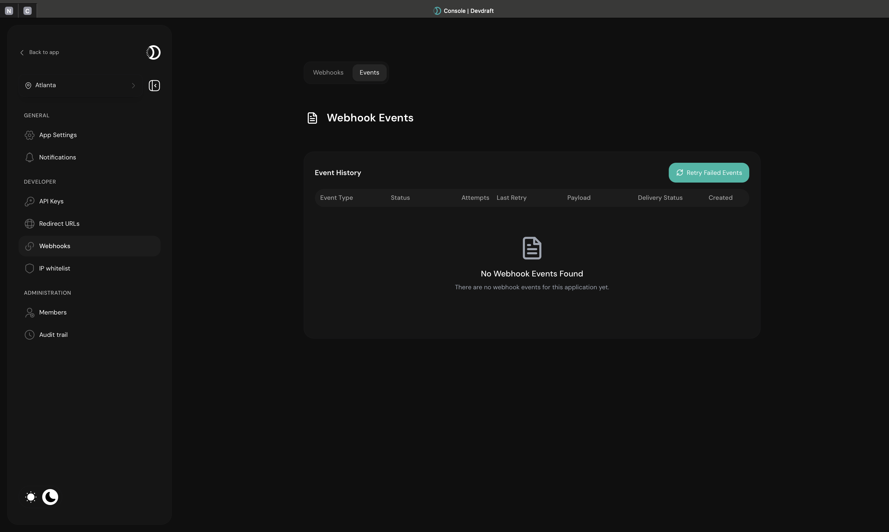 Webhooks management dashboard showing configured endpoints and event history - dark mode