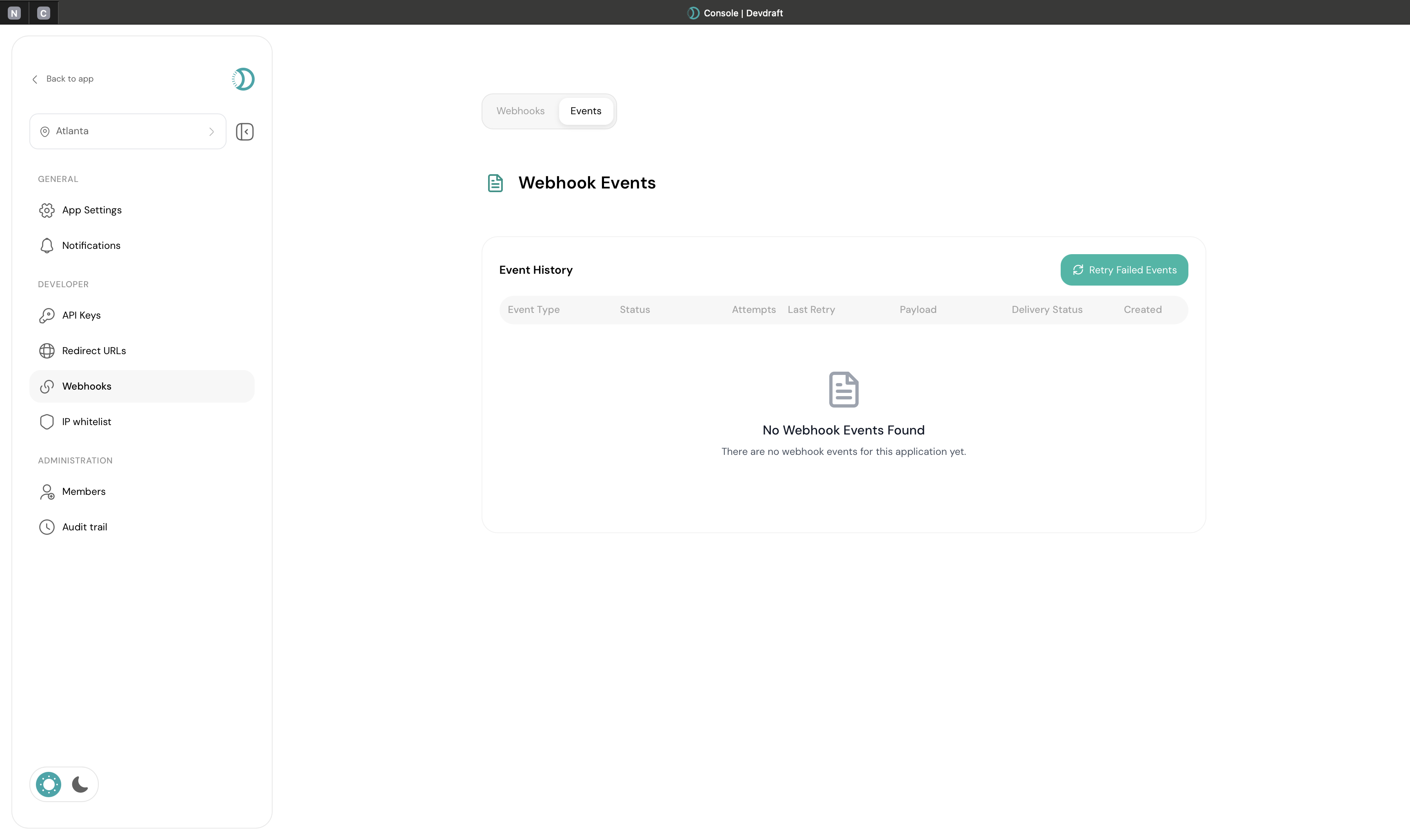 Webhooks management dashboard showing configured endpoints and event history - light mode