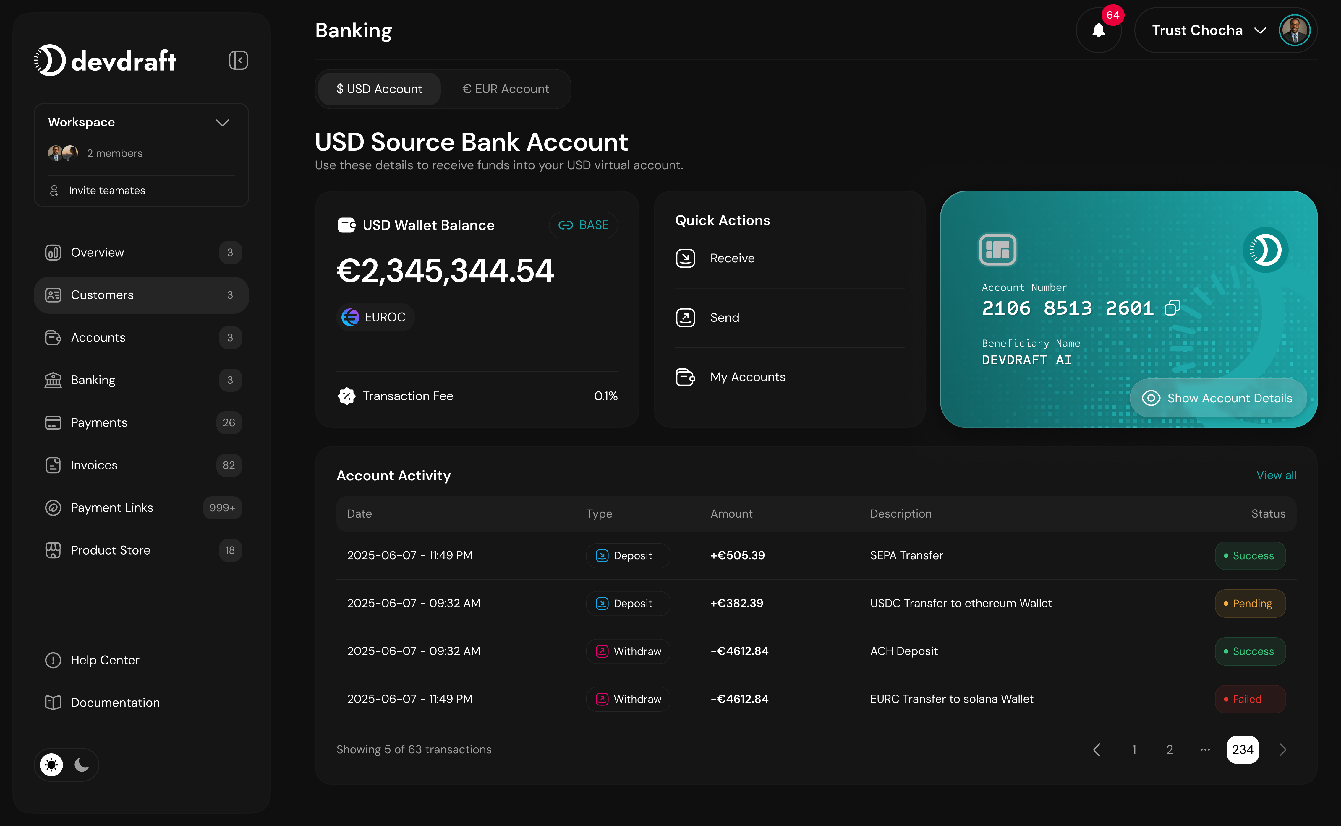 Devdraft web console interface - dark mode