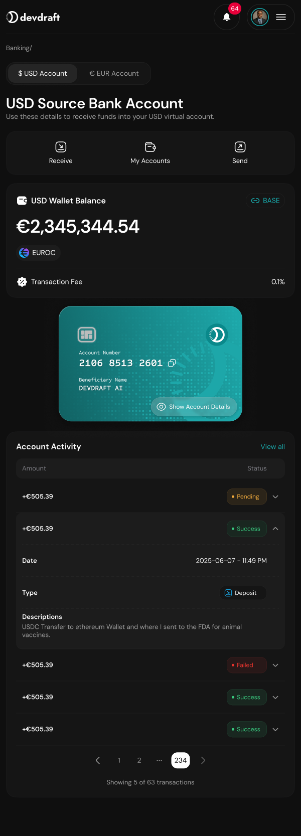 Devdraft mobile app preview - dark mode