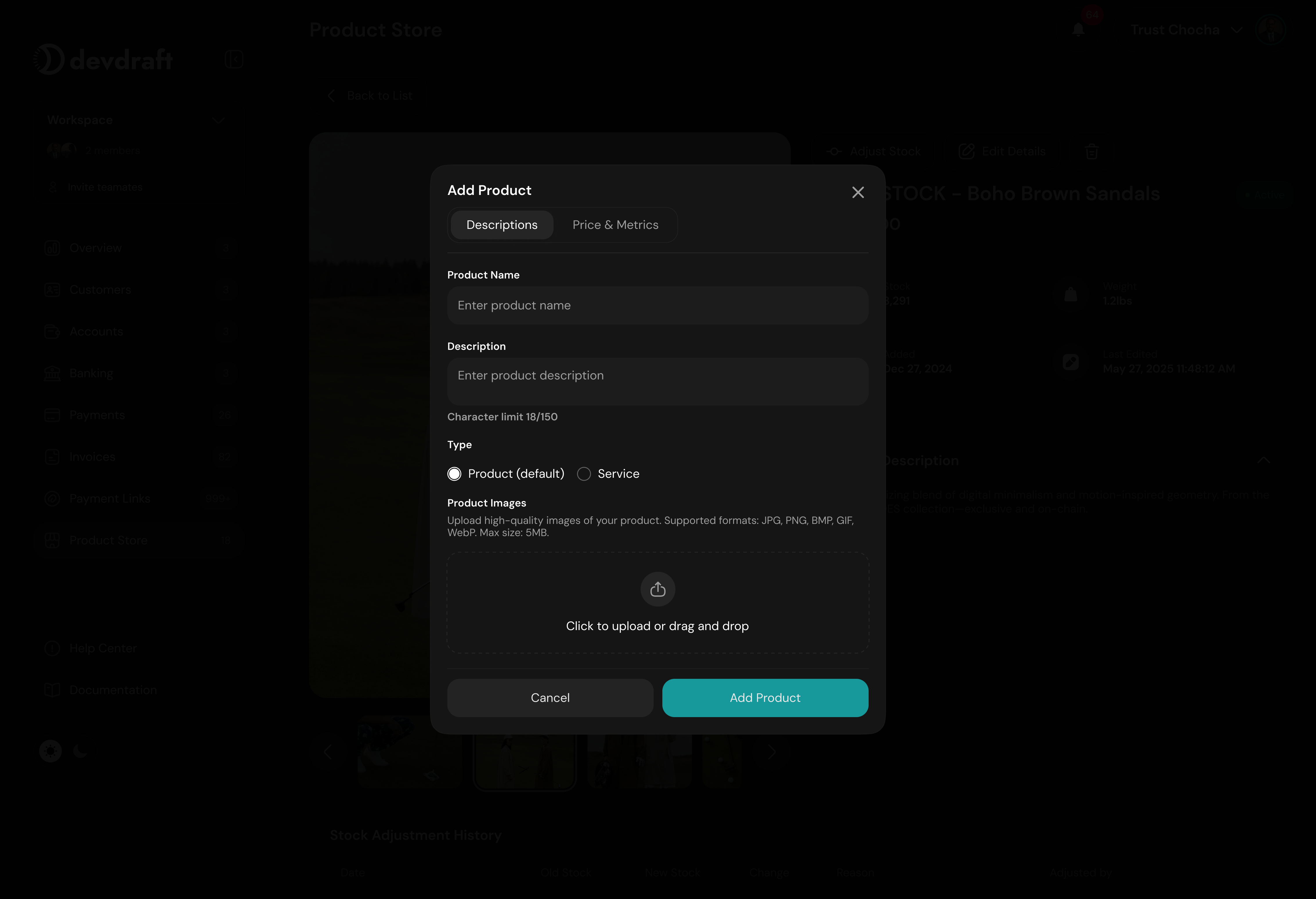 Add product interface - dark mode