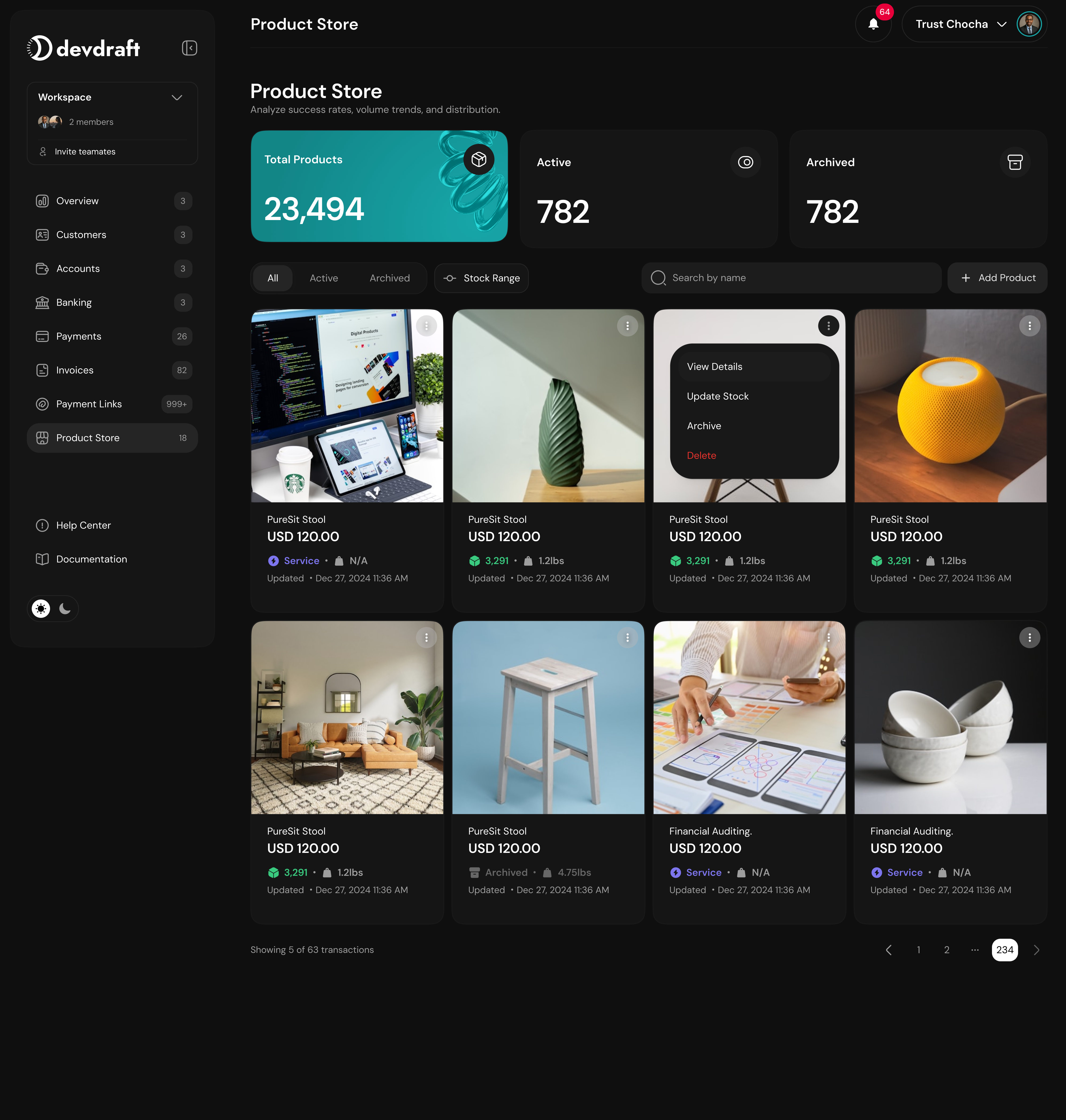 Product Store dashboard - dark mode