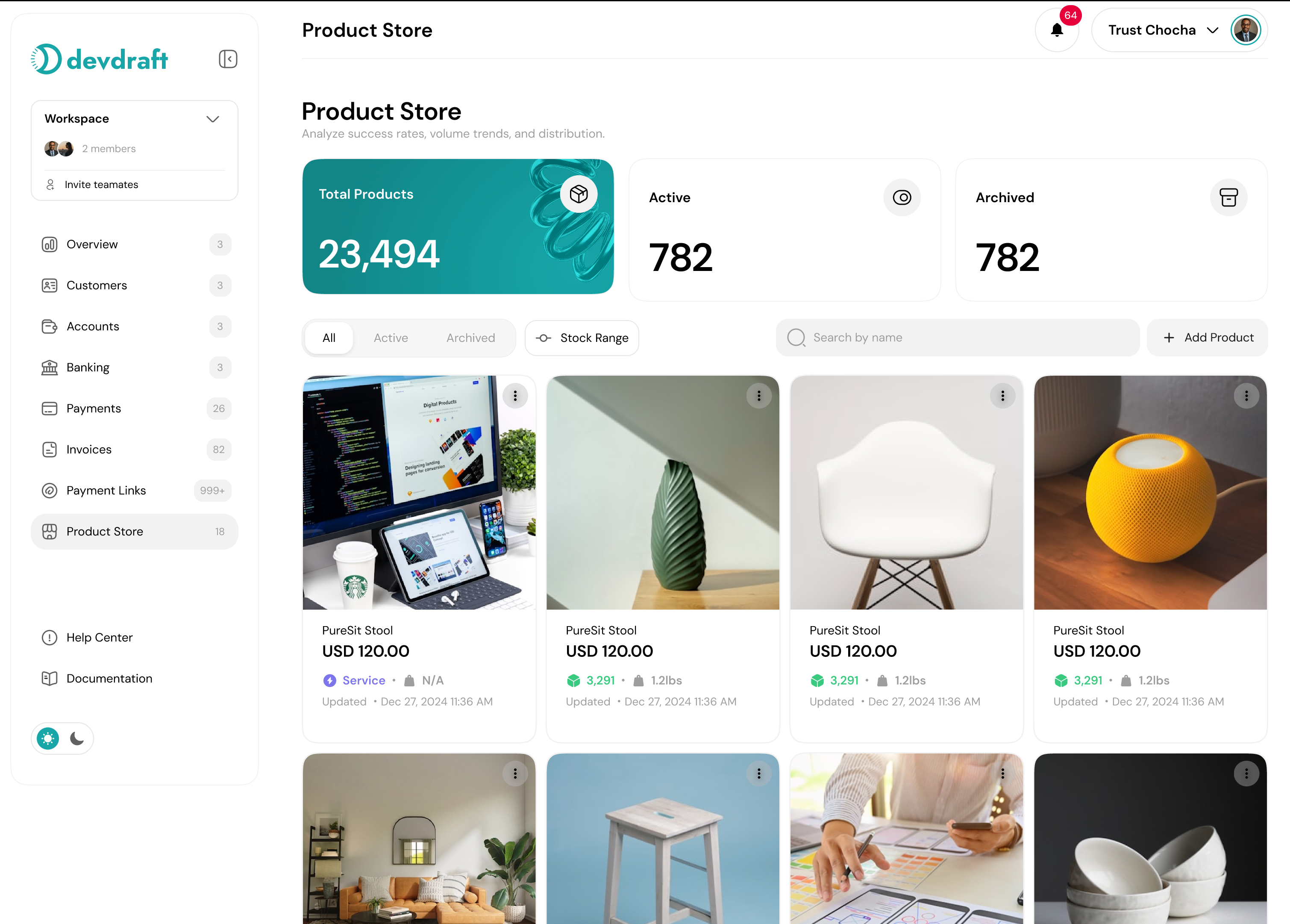 Product Store dashboard - light mode