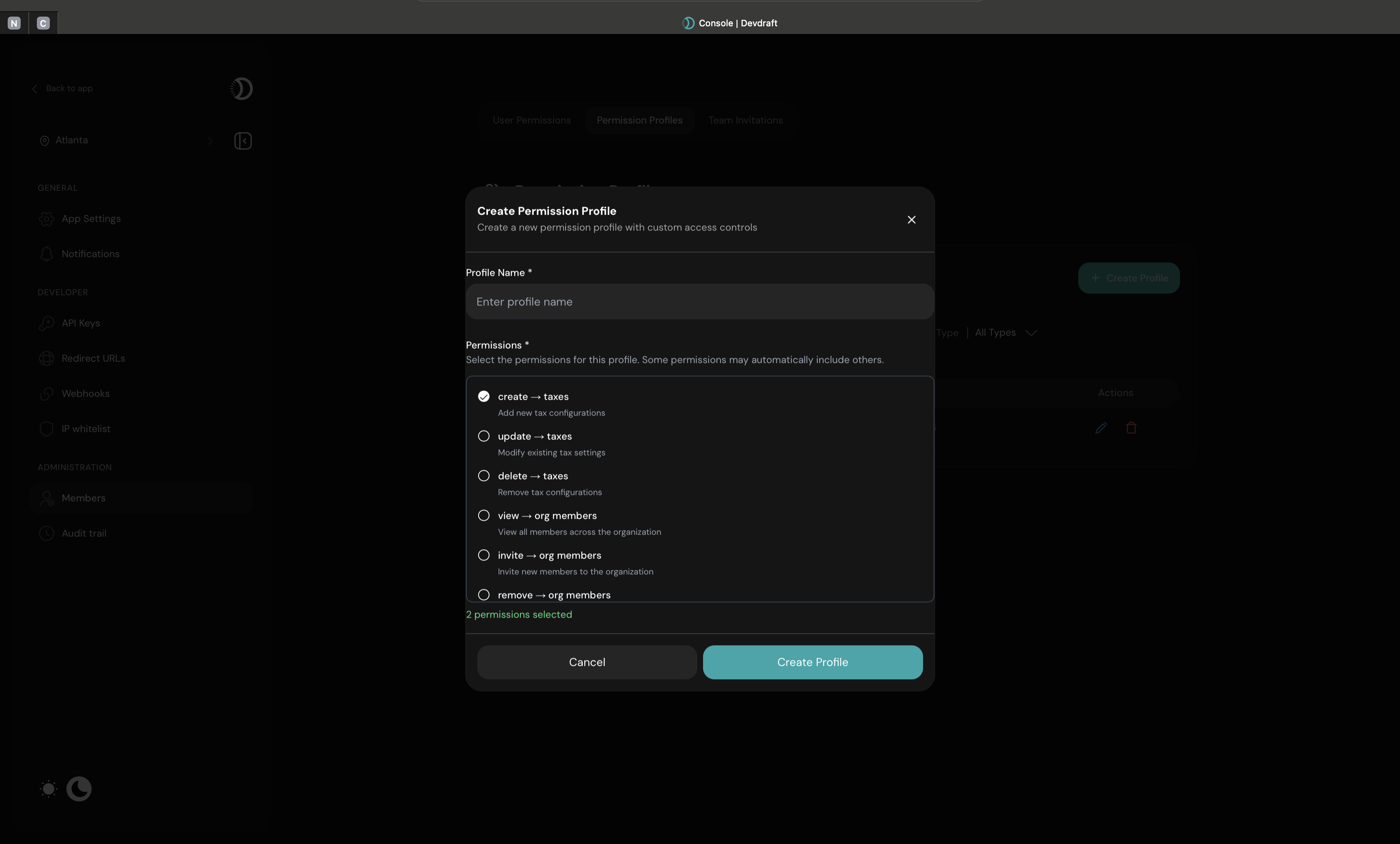 Create permission profile interface with atomic permission selection - dark mode