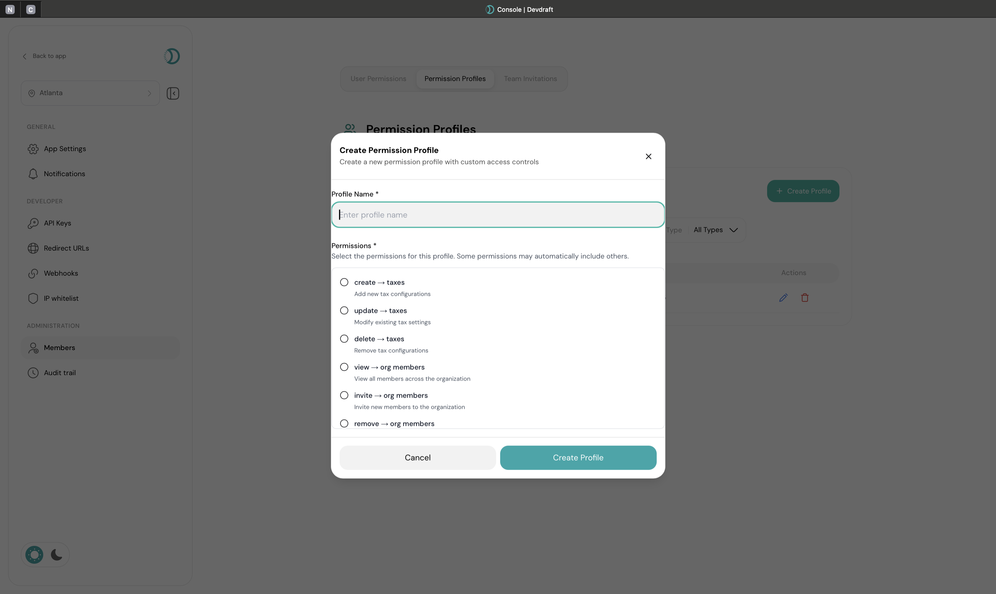 Create permission profile interface with atomic permission selection - light mode