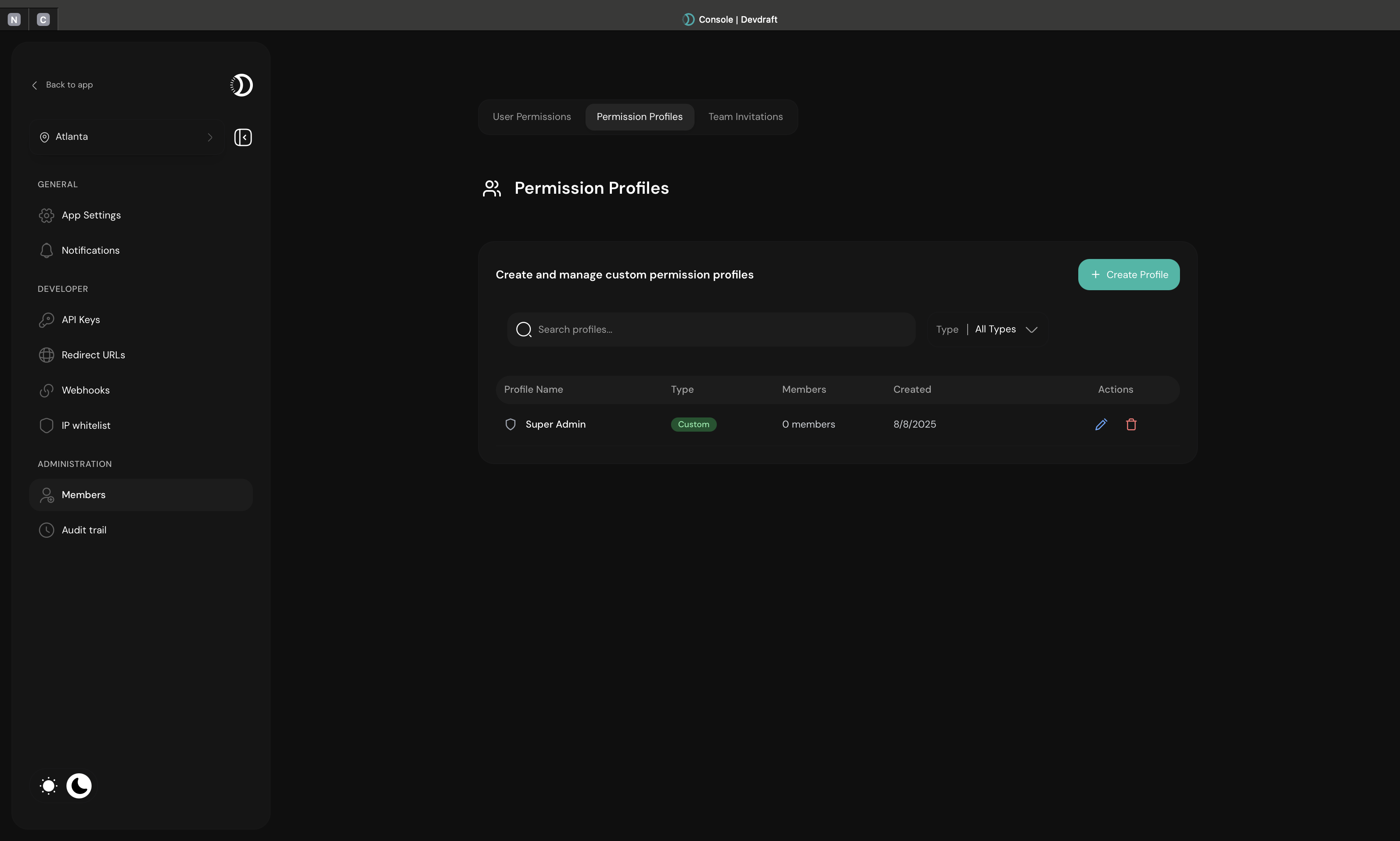 Permission profile overview dashboard showing custom roles and system roles - dark mode