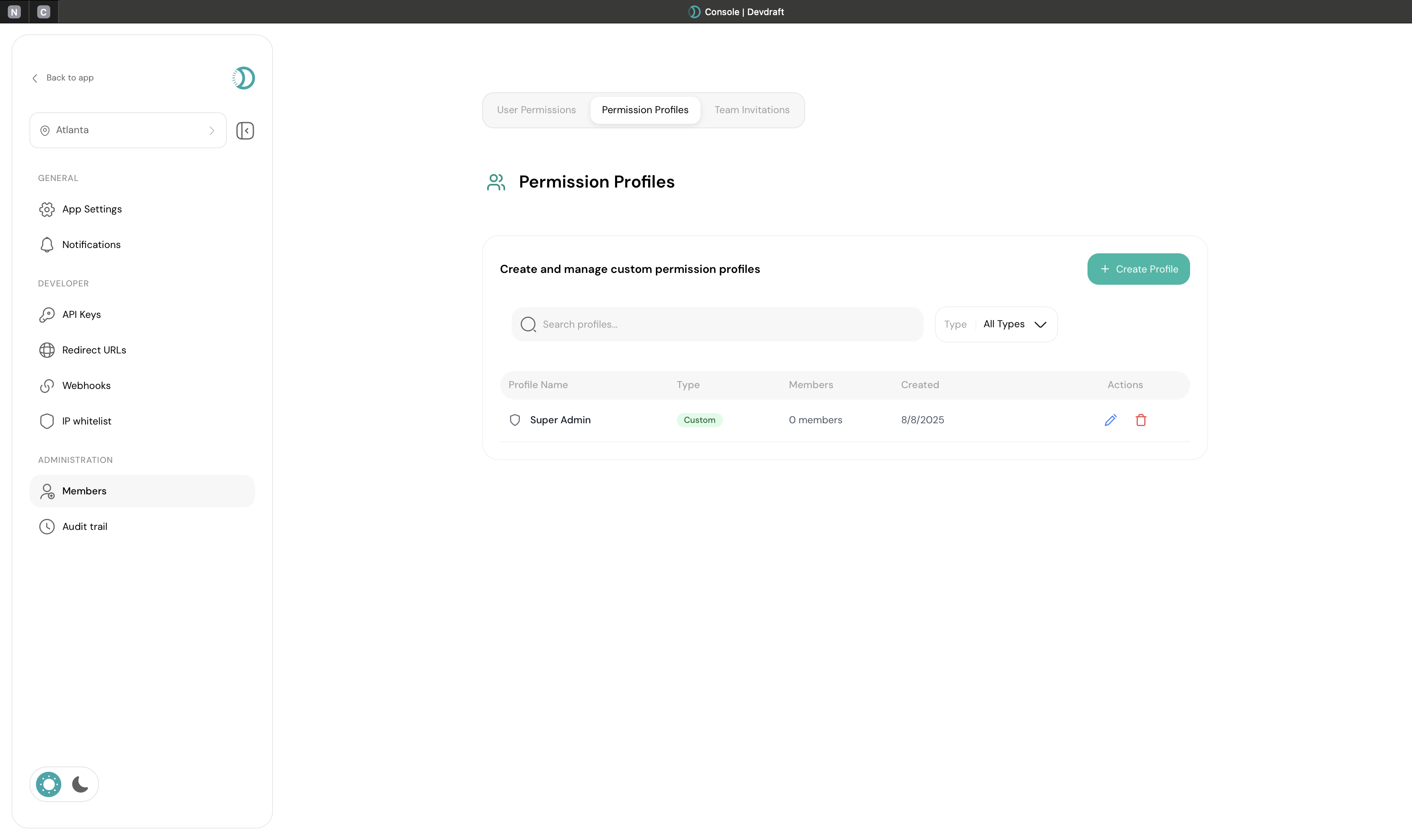 Permission profile overview dashboard showing custom roles and system roles - light mode
