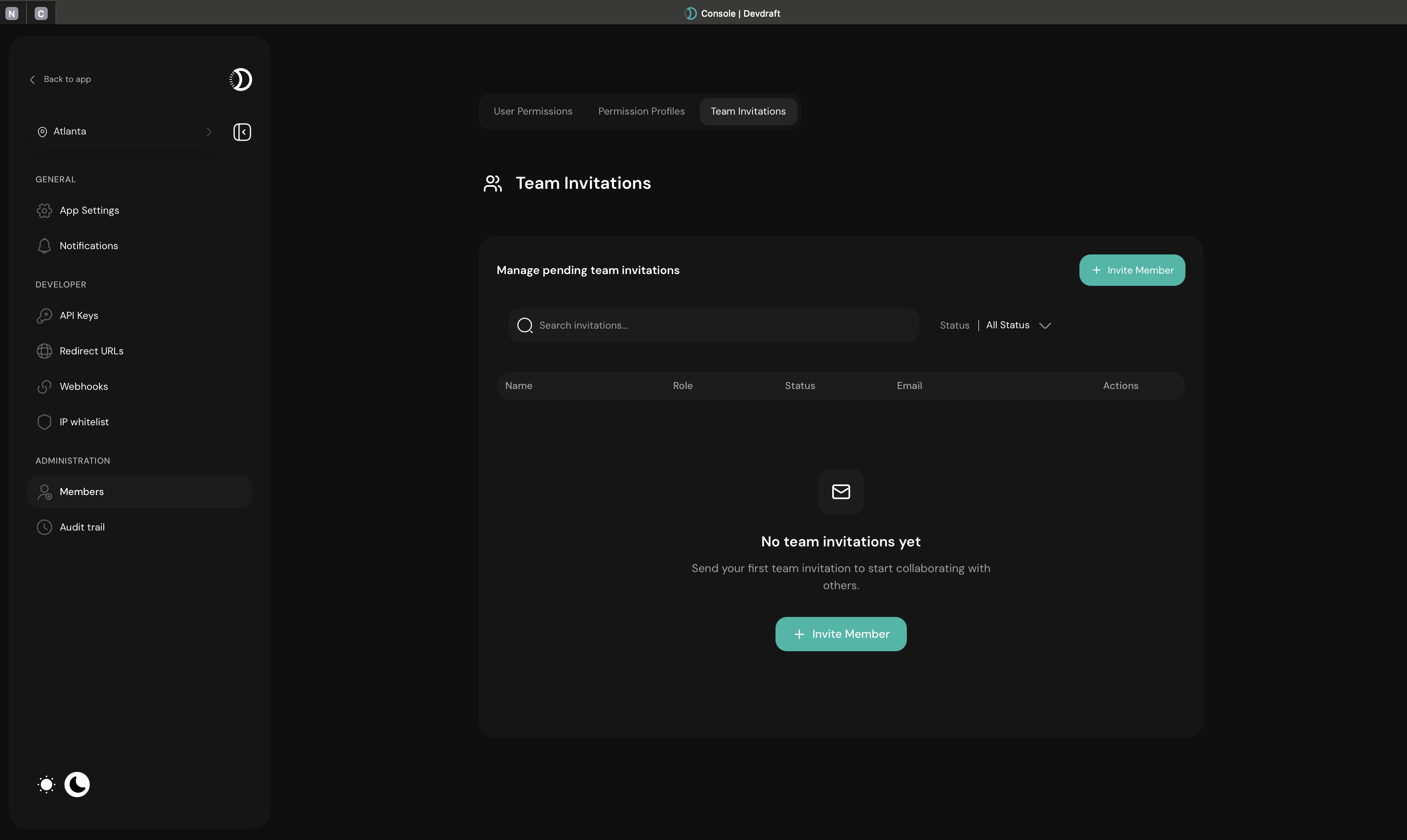 Team invitation overview dashboard showing invited and active users - dark mode
