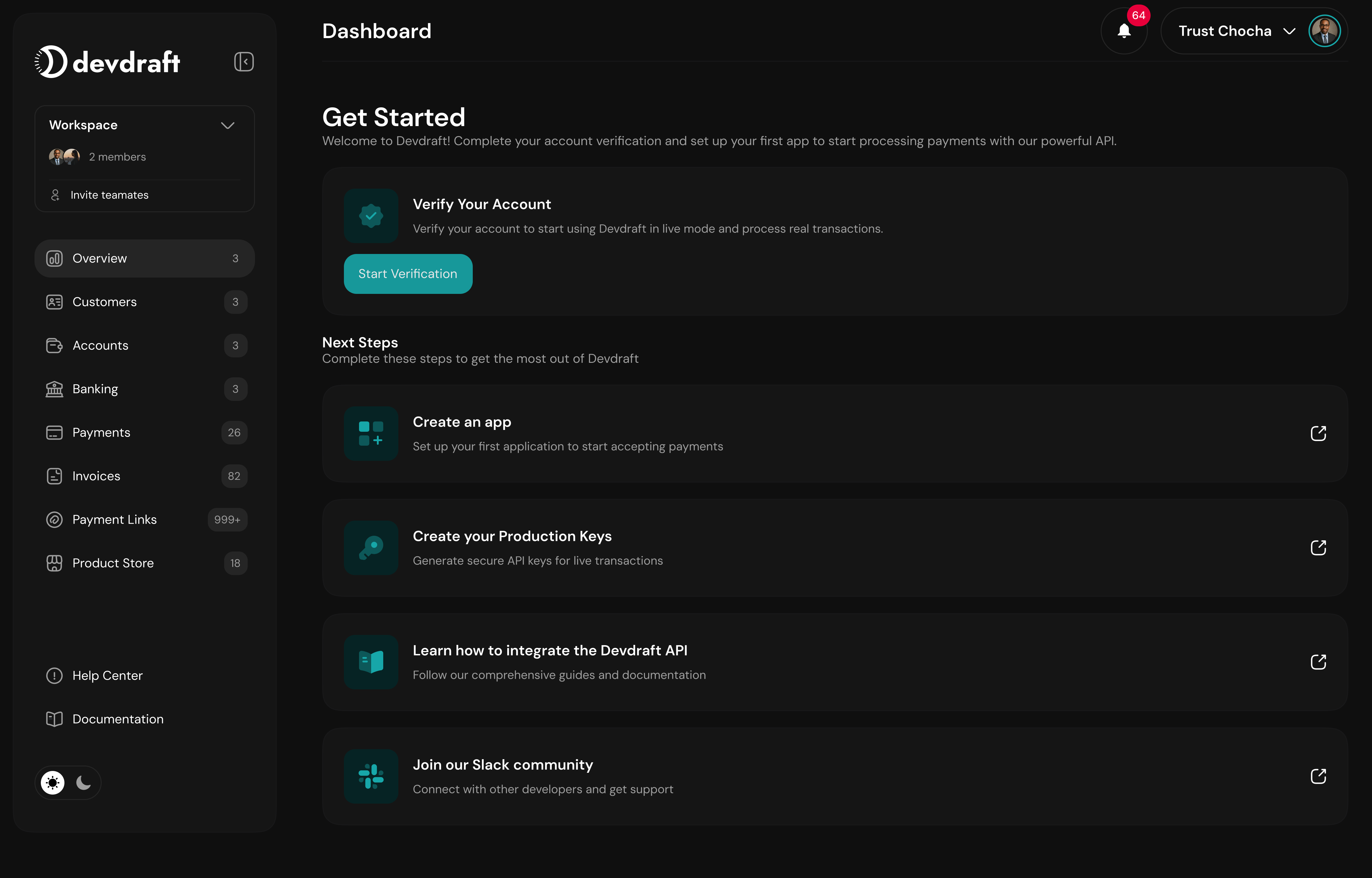 Account verification dashboard - dark mode