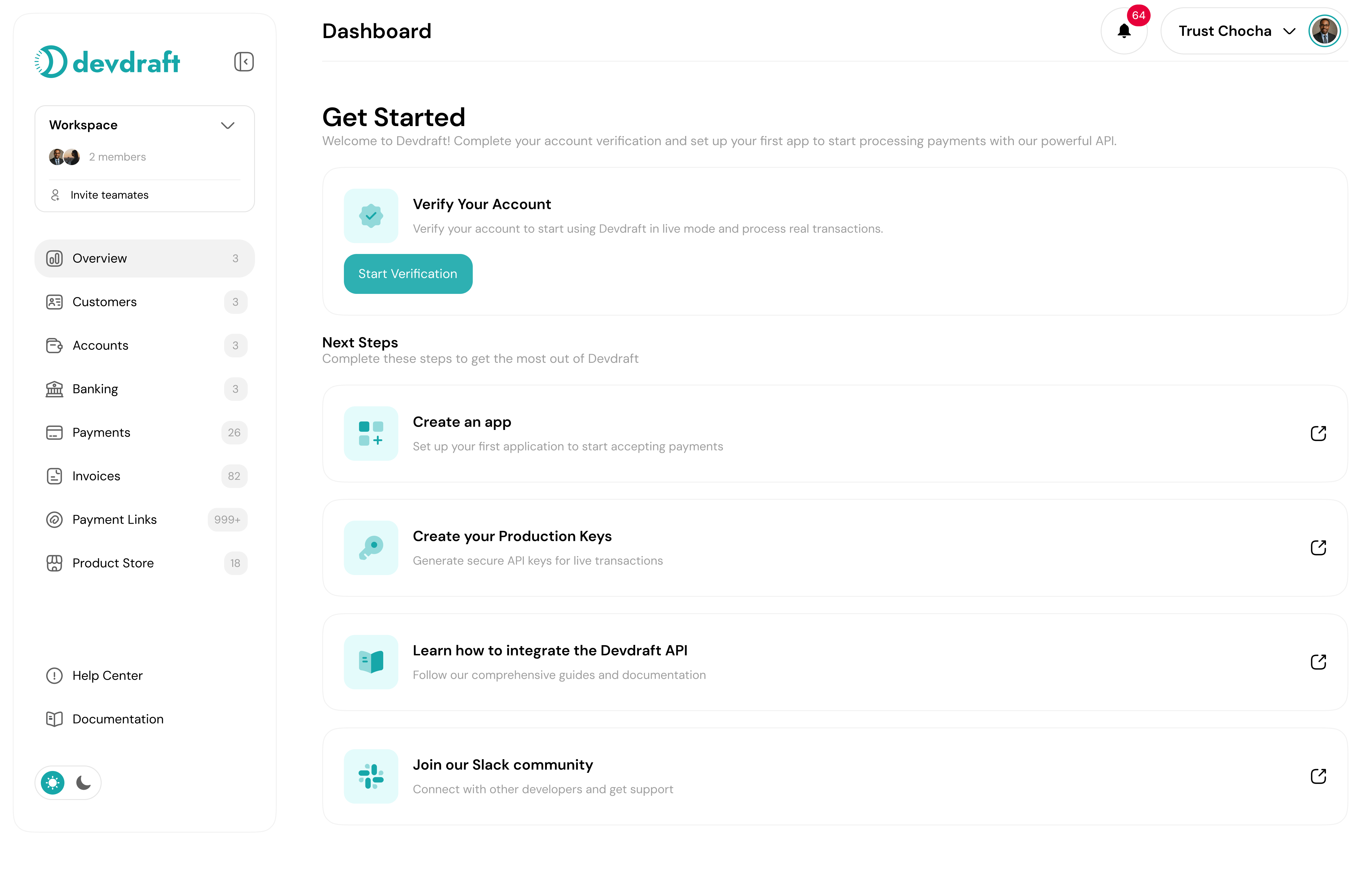 Account verification dashboard - light mode