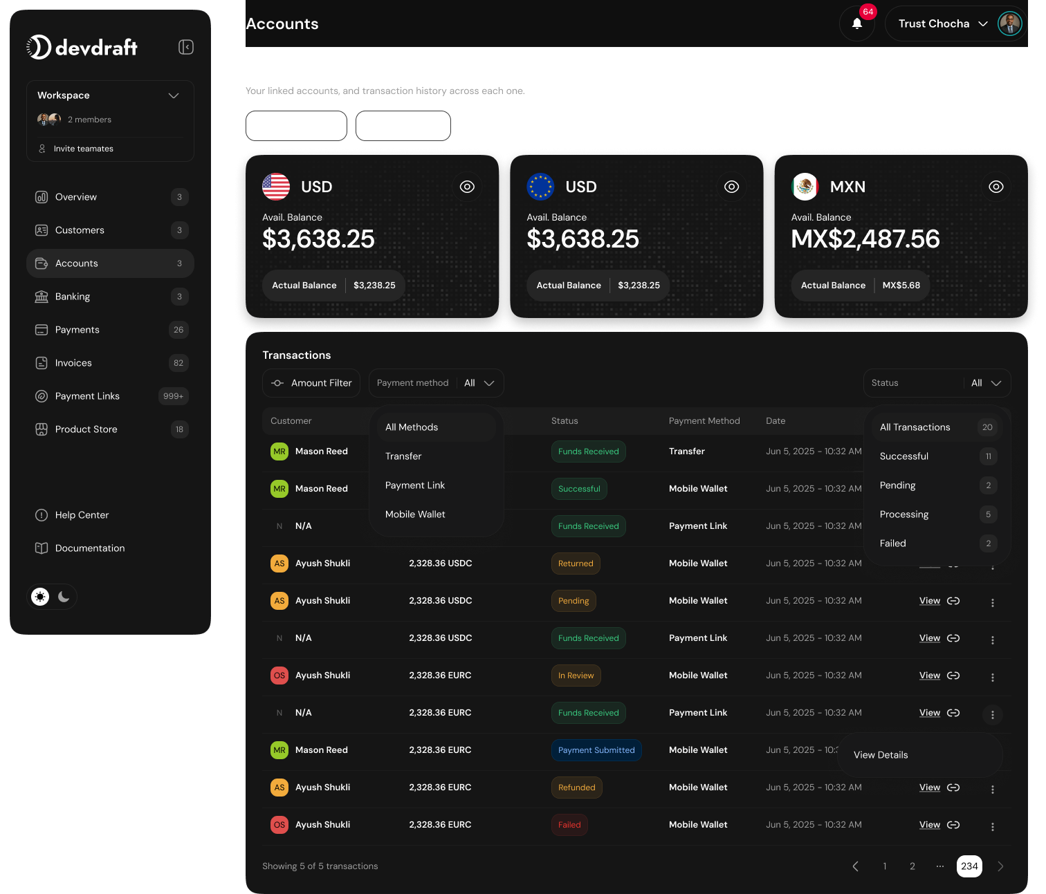 Accounts dashboard - dark mode