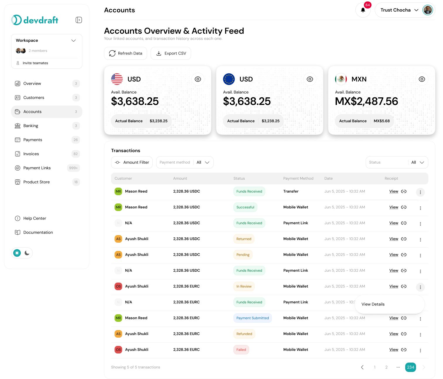 Accounts dashboard - light mode