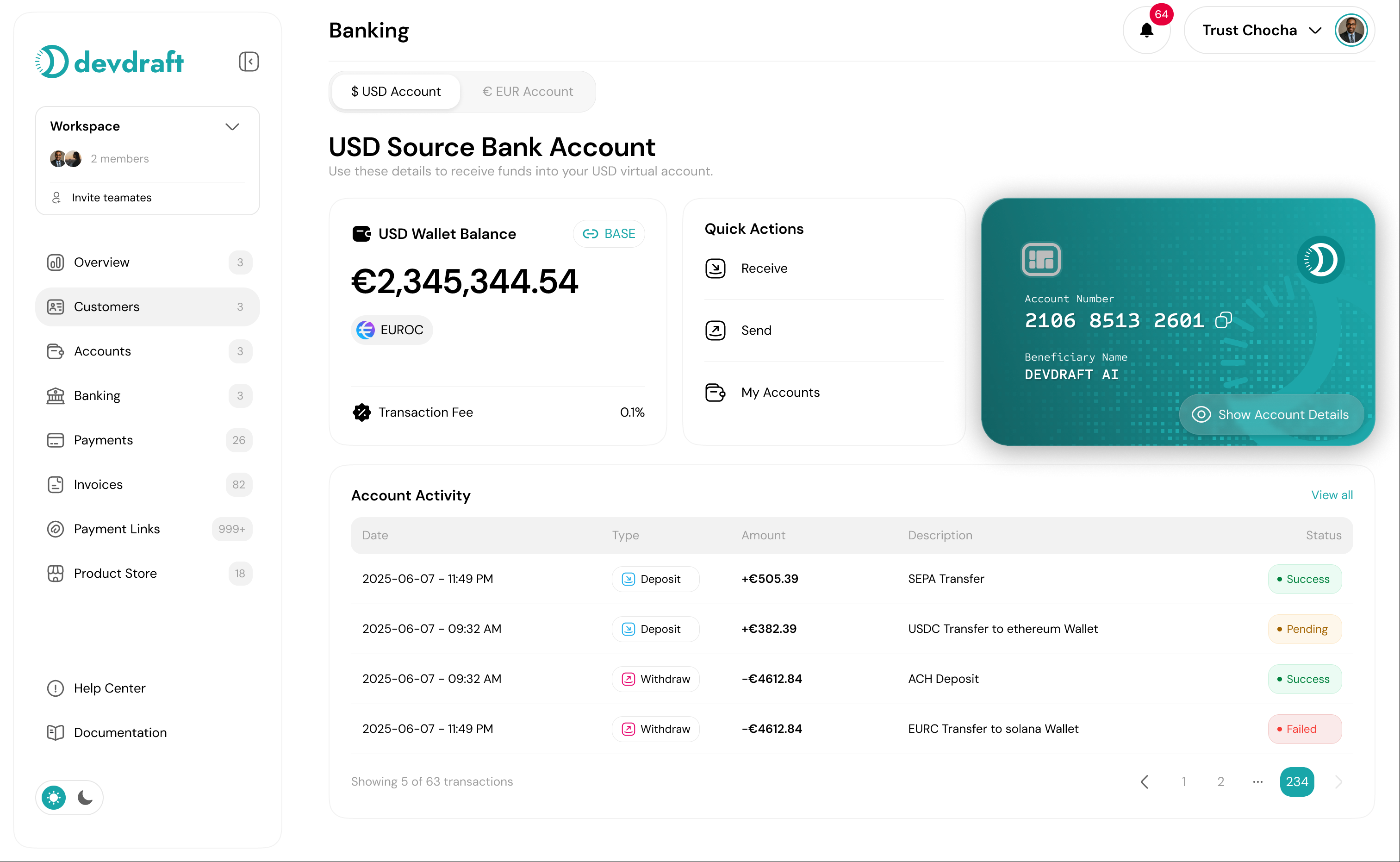 Banking dashboard showing USD and EUR account cards - light mode