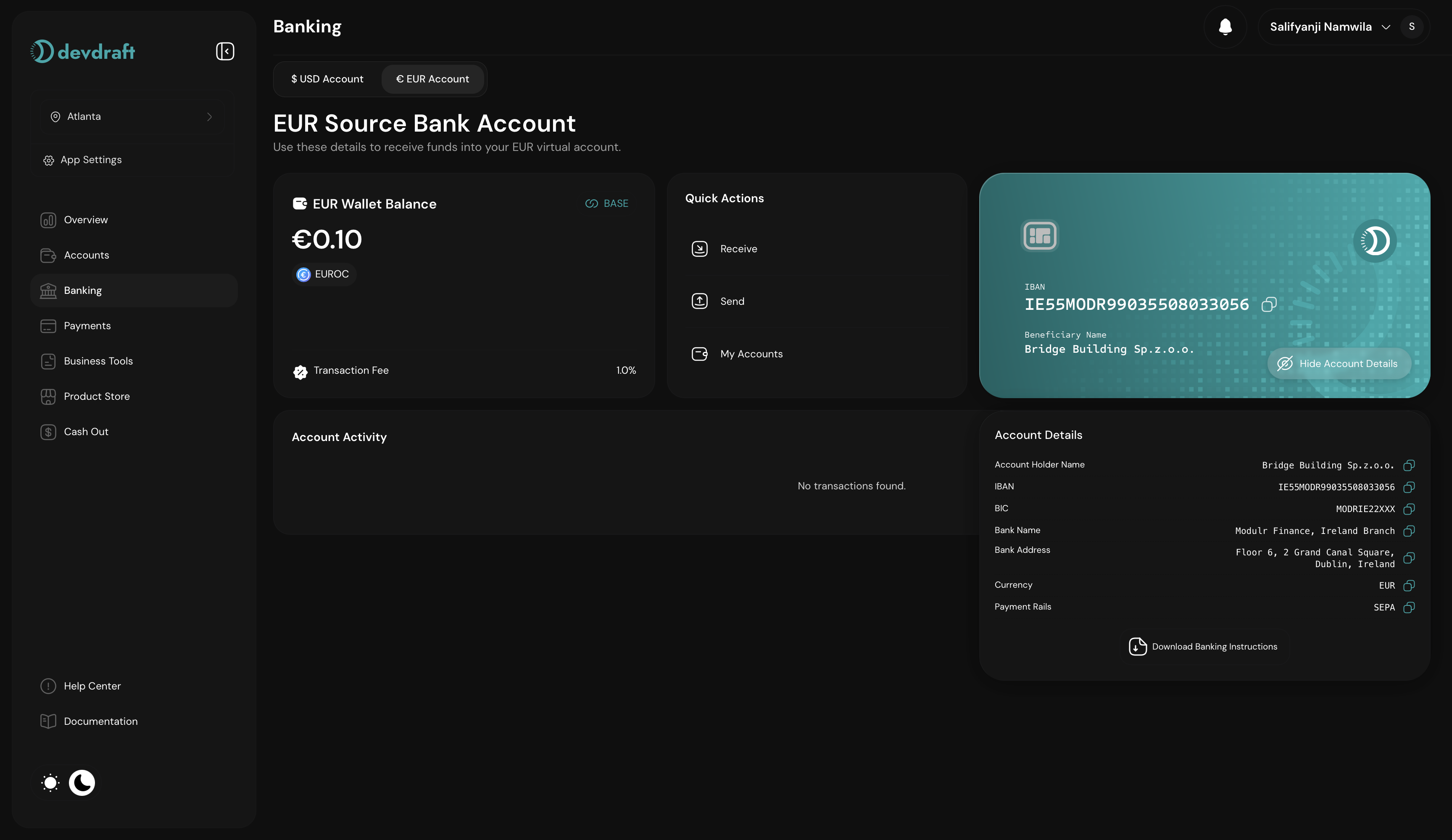 EUR banking account details interface - dark mode