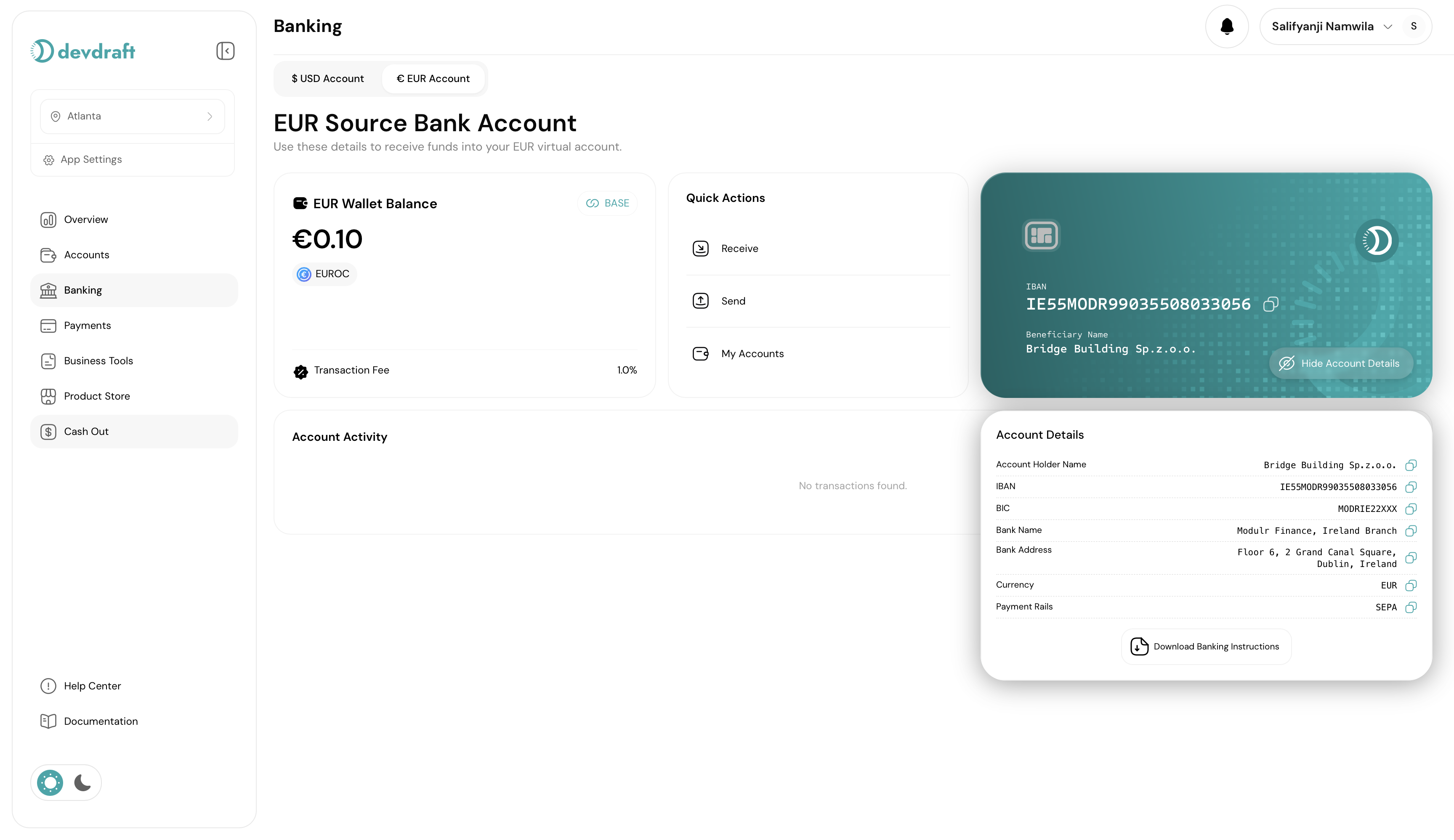 EUR banking account details interface - light mode