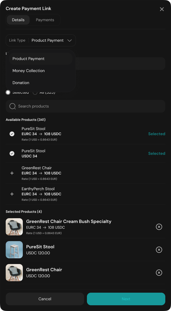 Create payment link interface - dark mode