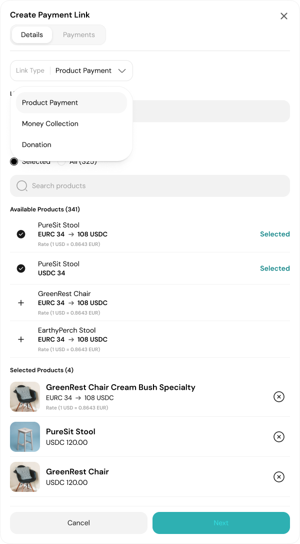 Create payment link interface - light mode