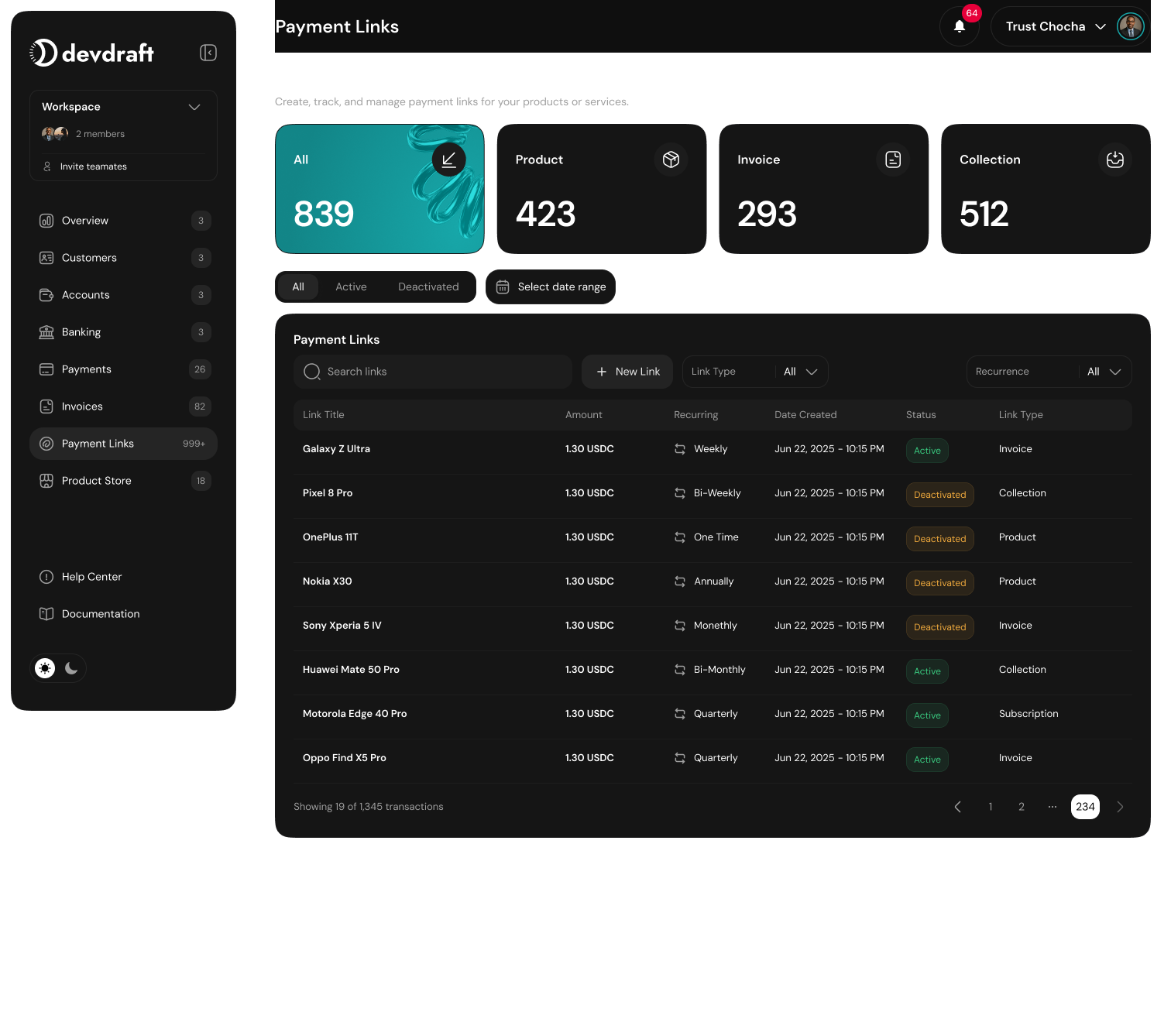 Payment Links dashboard - dark mode