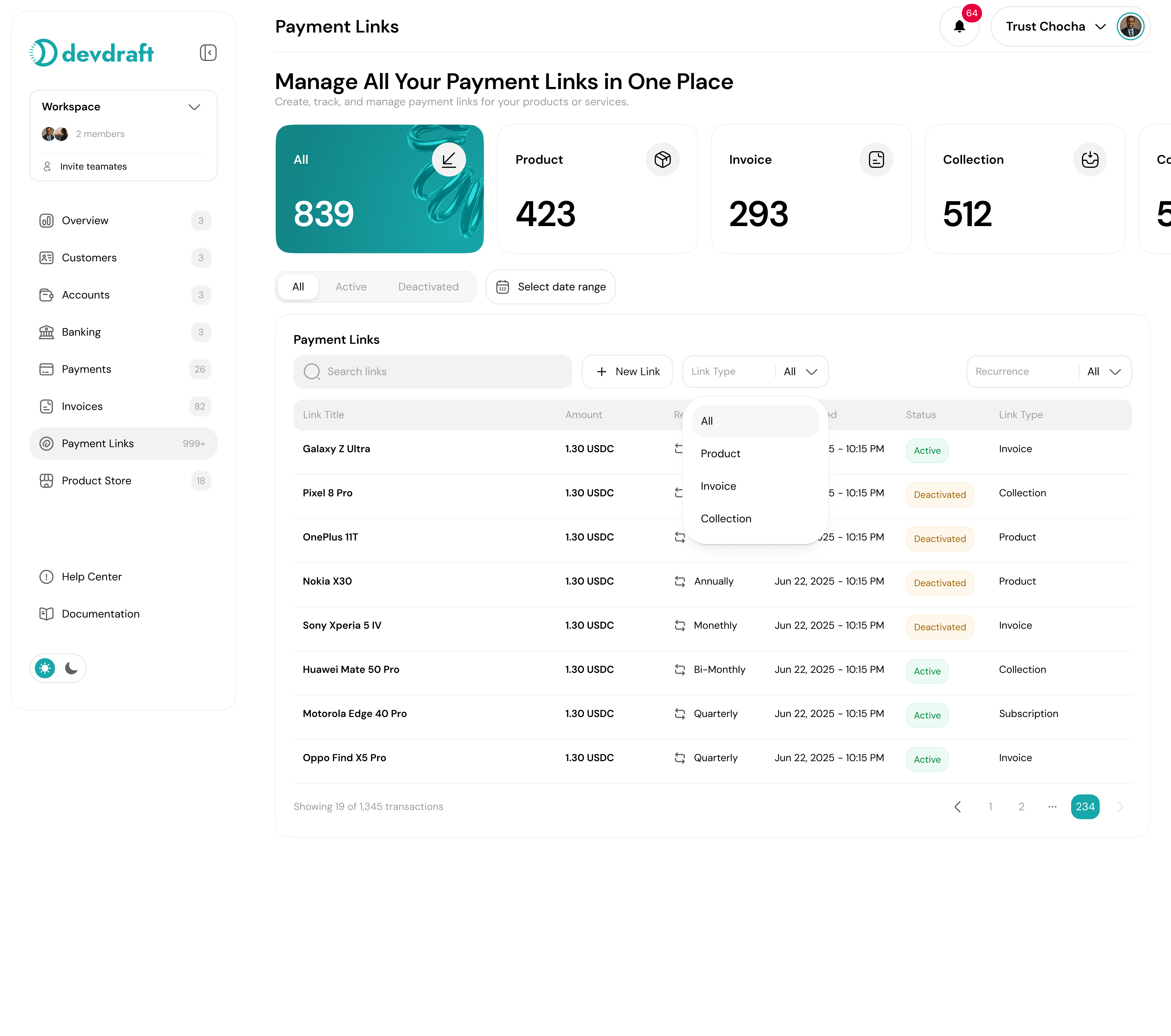 Payment Links dashboard - light mode