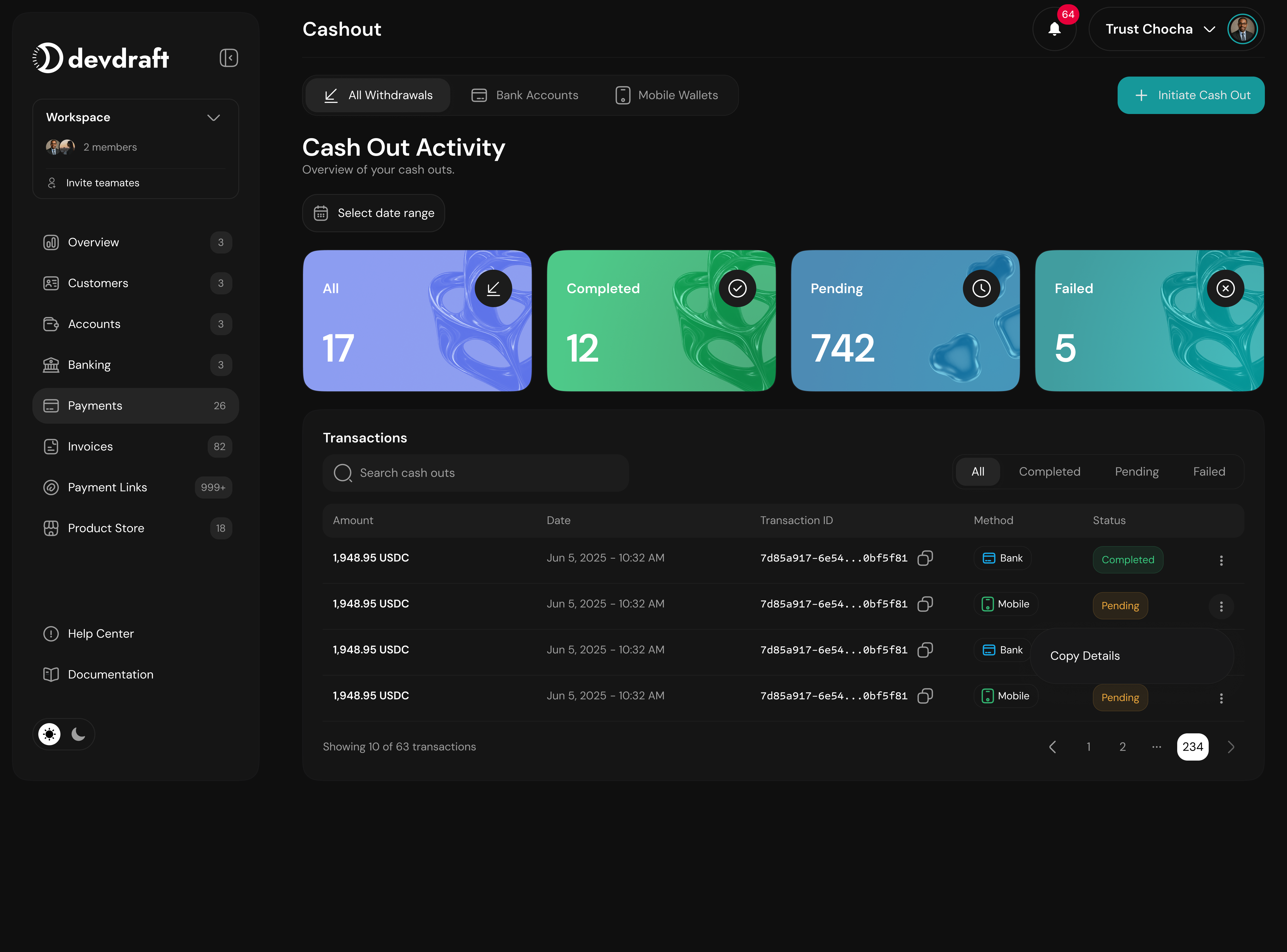 Cashout activity tracking dashboard showing recent transactions - dark mode