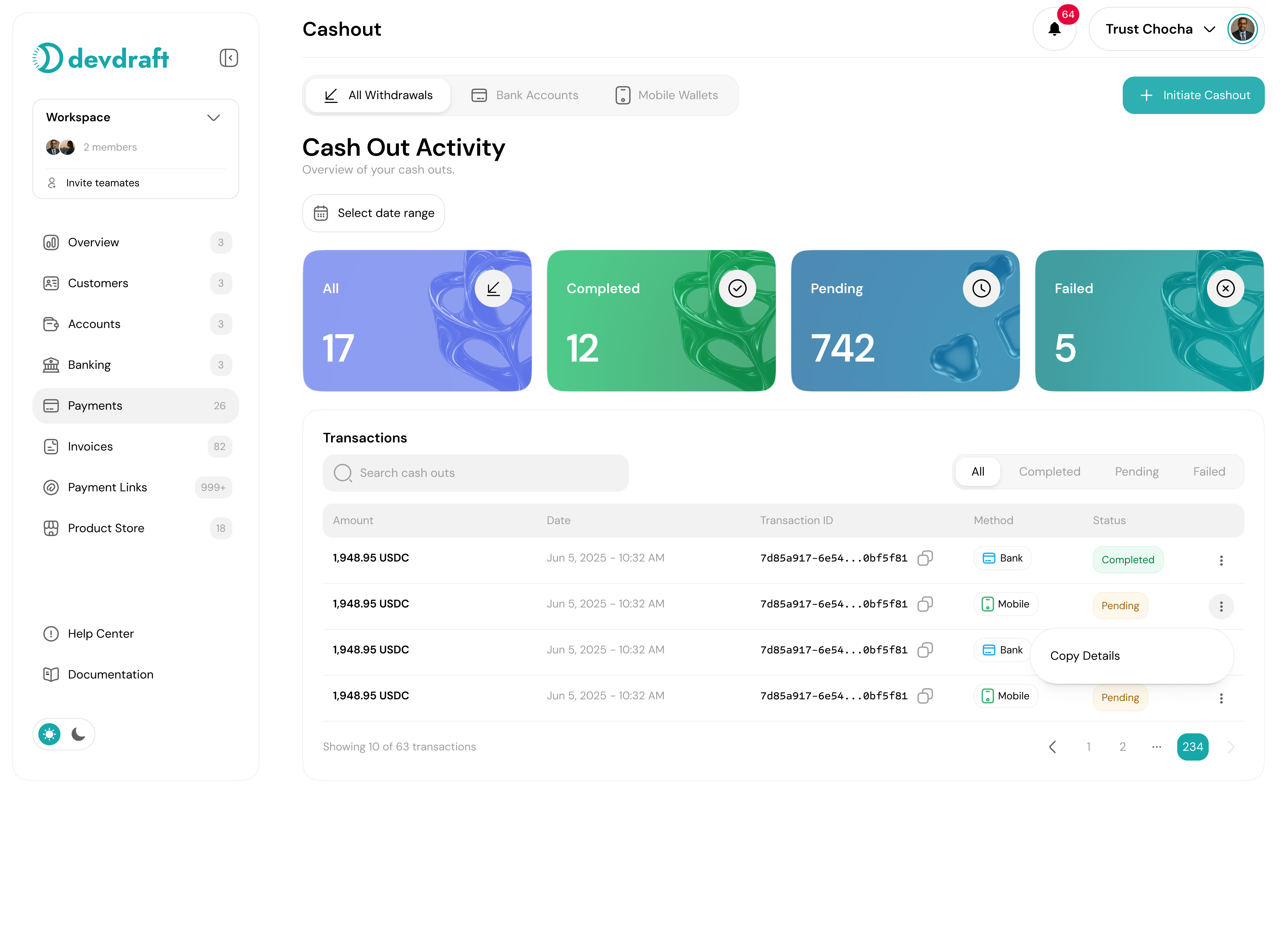 Cashout activity tracking dashboard showing recent transactions - light mode