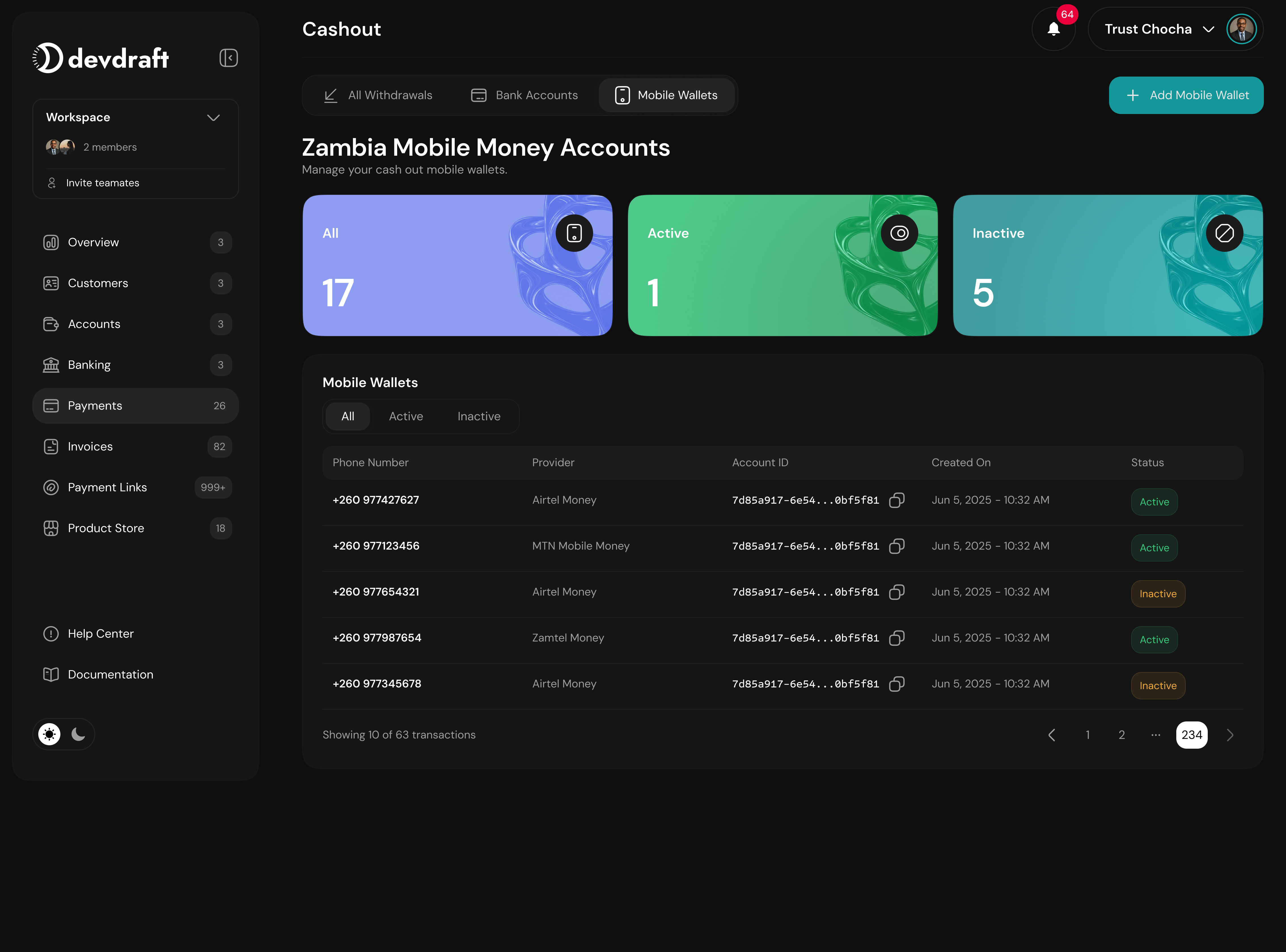 Mobile money wallet setup showing MTN, Airtel, and other providers - dark mode