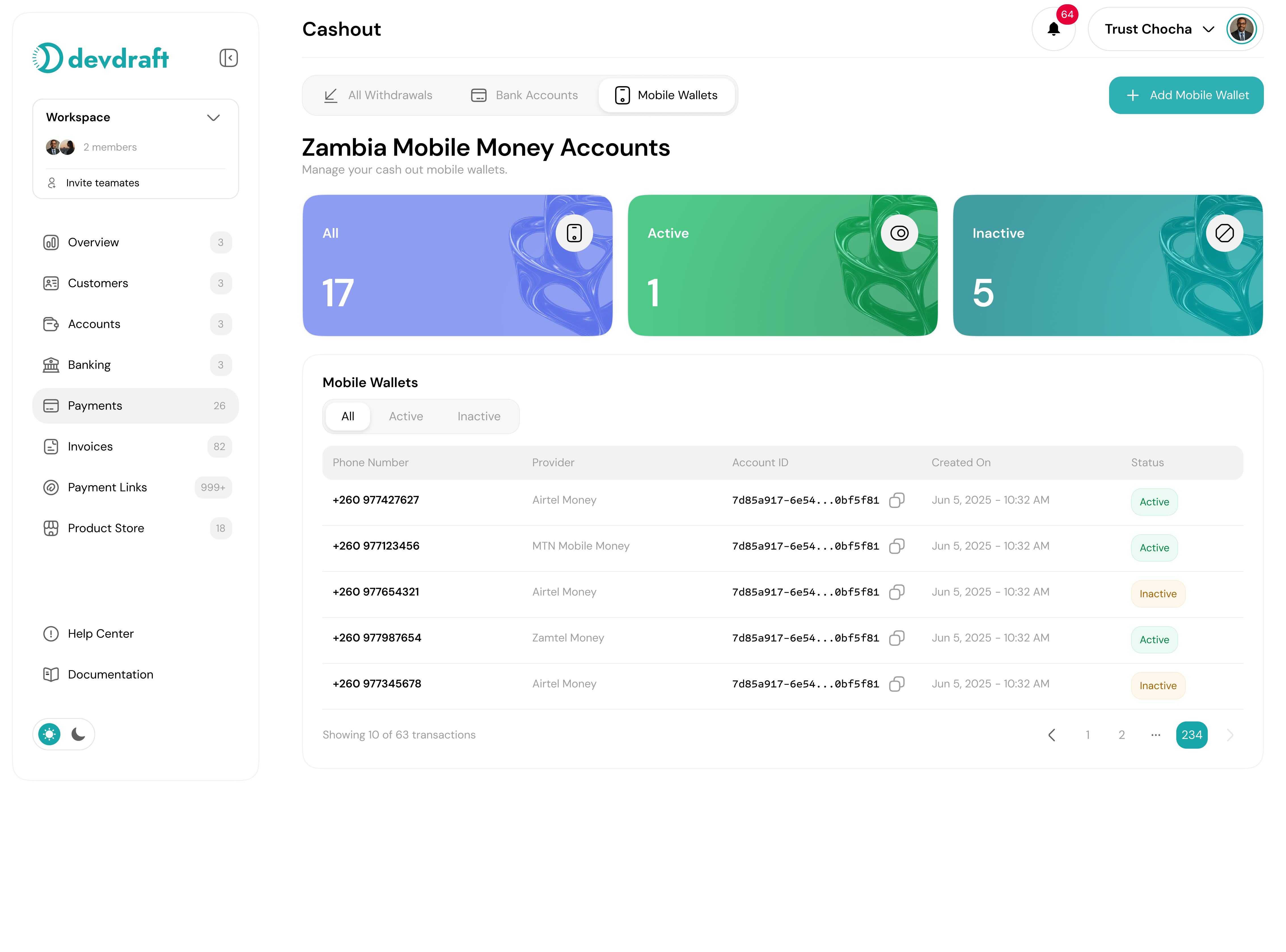 Mobile money wallet setup showing MTN, Airtel, and other providers - light mode