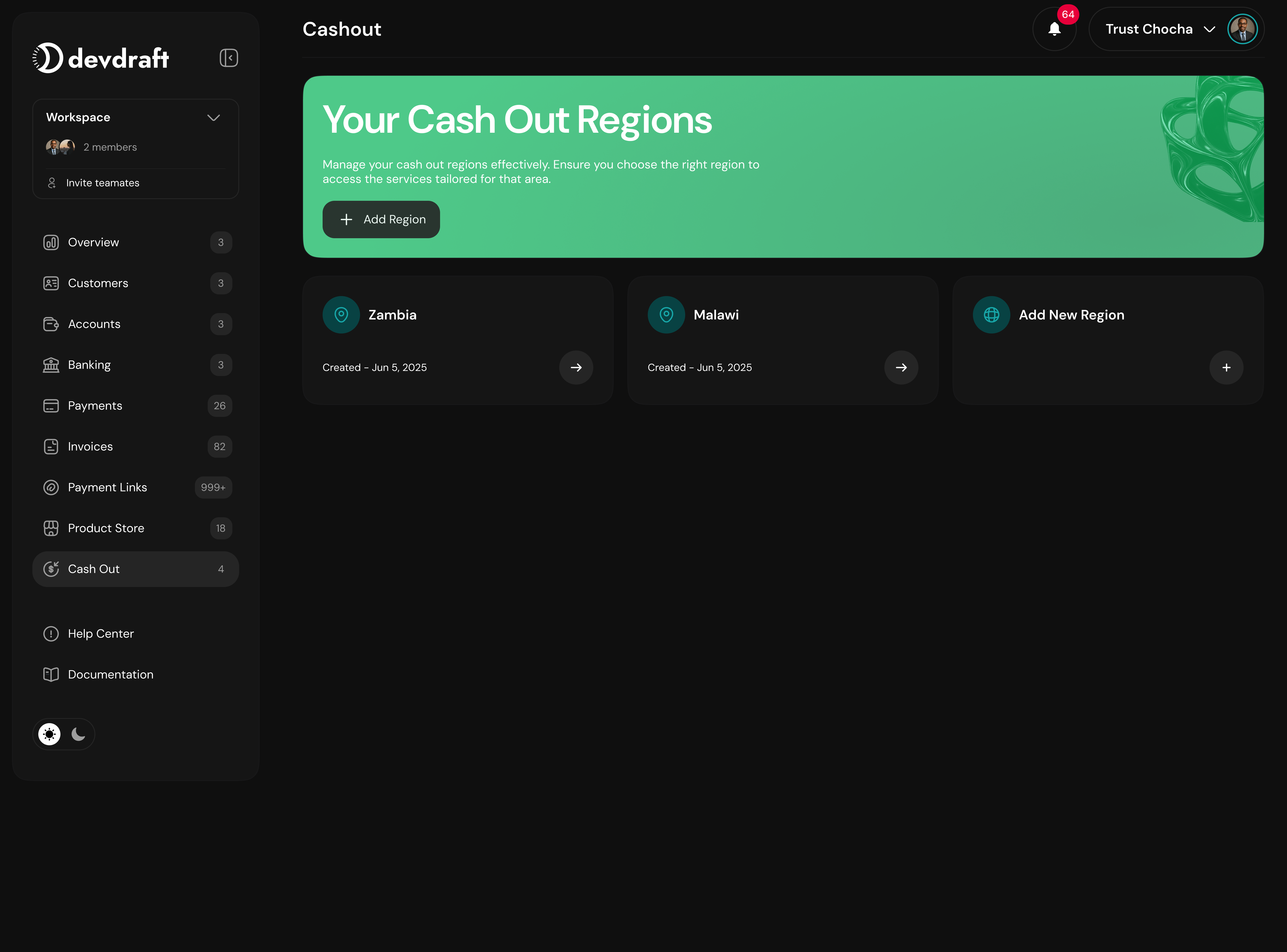 Cashout region selection showing Zambia and Malawi options - dark mode