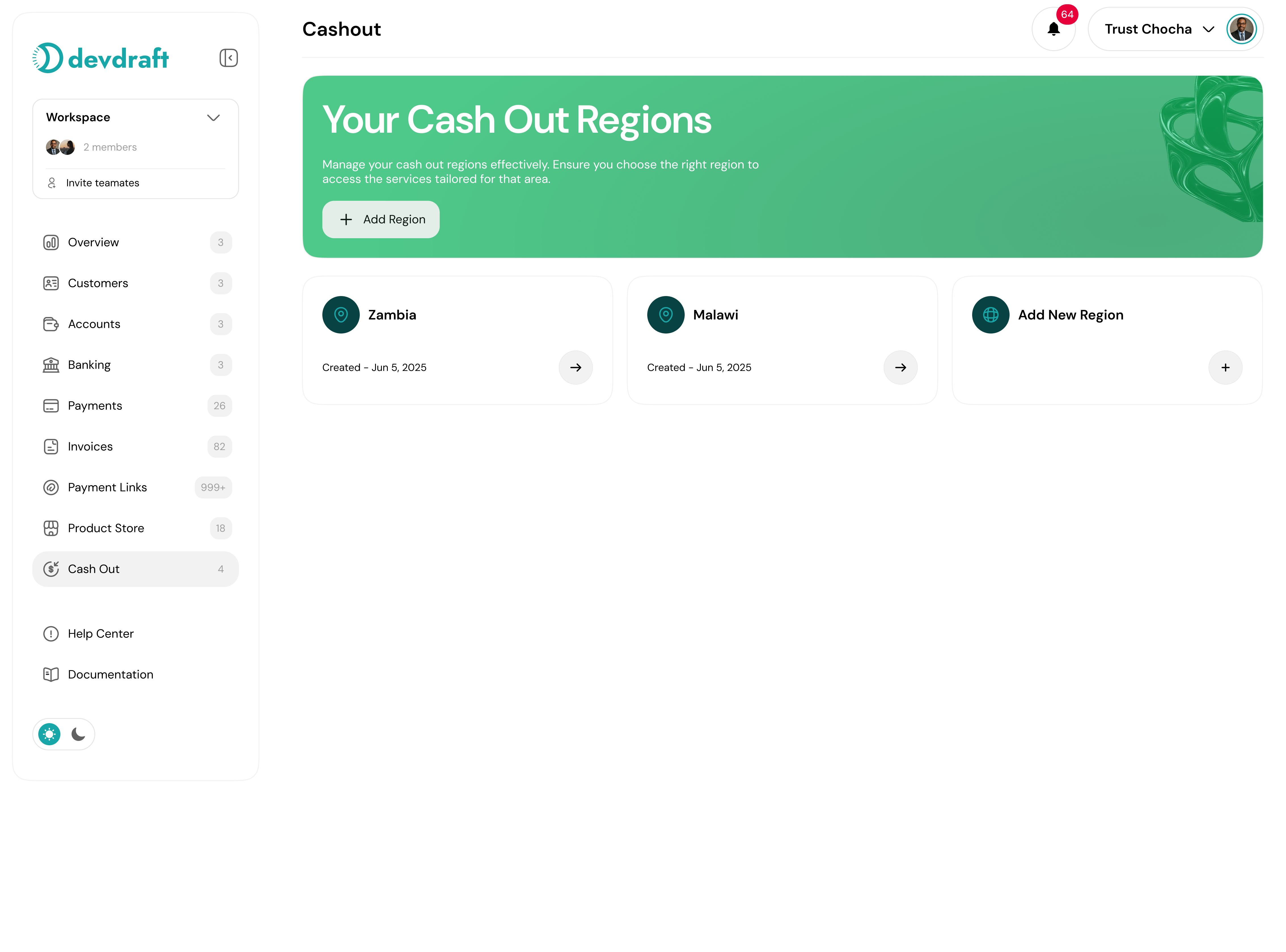 Cashout region selection showing Zambia and Malawi options - light mode