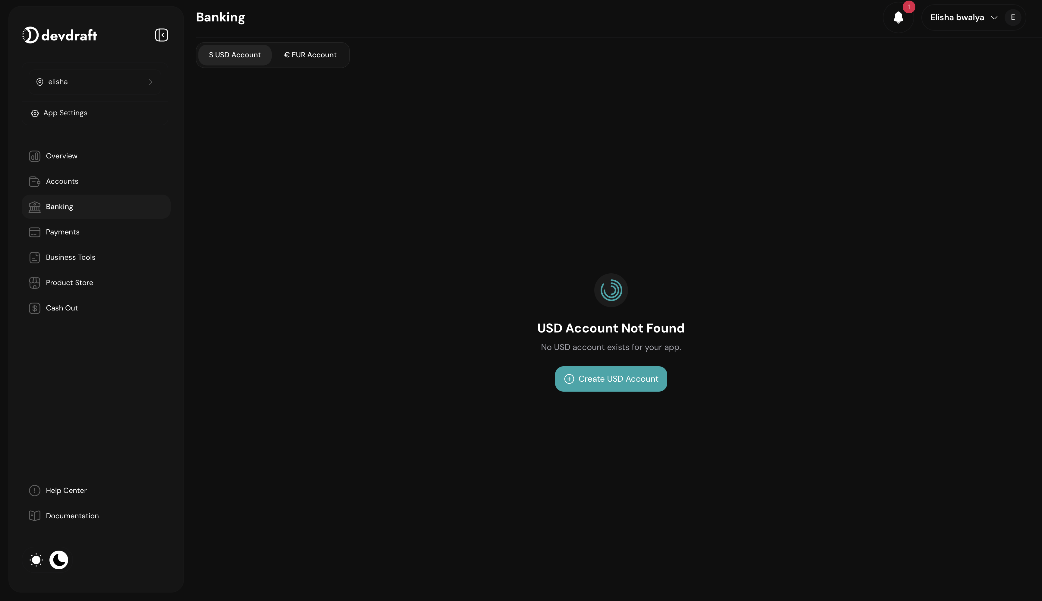 Virtual account creation interface