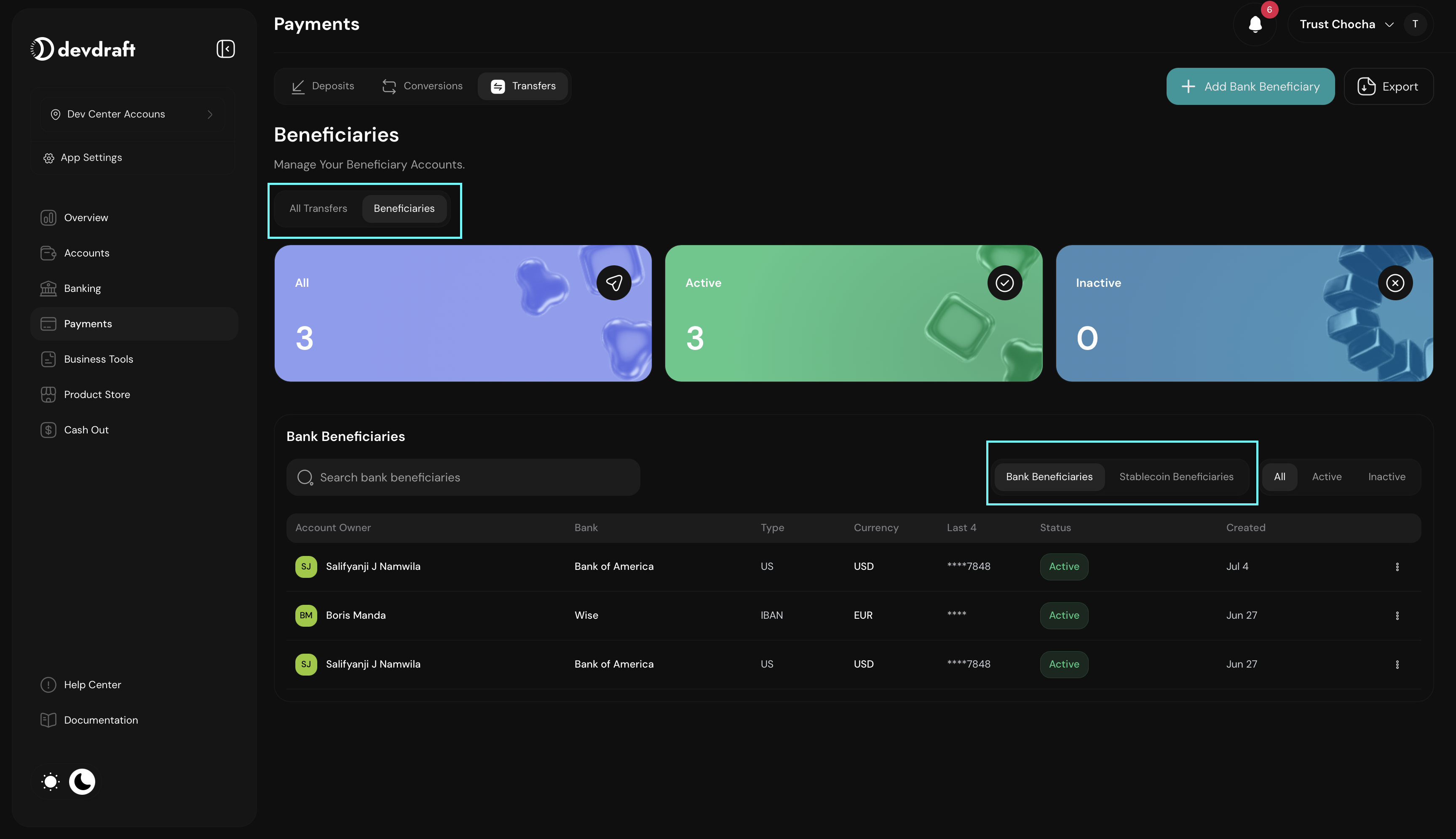 Redesigned transfers interface